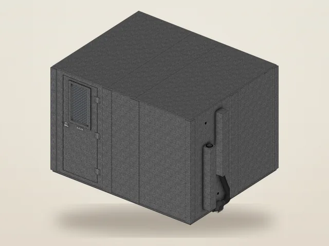 Booth Builder angled view of the WhisperRoom MDL 96120 S, a large single-wall booth with a windowed door and a ventilation unit on its side wall