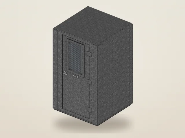 Booth Builder angled view of the WhisperRoom MDL 4848 S, a compact single-wall booth with a windowed door