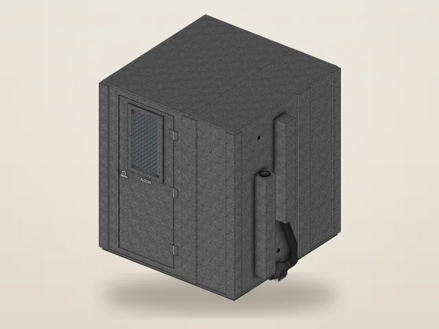 Booth Builder angled view of the WhisperRoom MDL 7272 S, a single-wall booth with a windowed door and a ventilation unit on its side wall