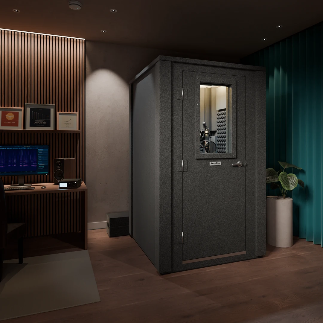 Voice Over Deluxe vocal booth closed in a dim home studio, a microphone visible through the door window, a teal curtain behind