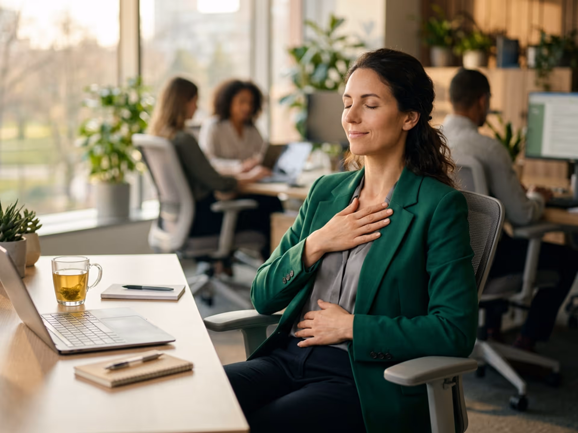Woman in a green blazer meditating with eyes closed and hands on chest and stomach at her office desk.