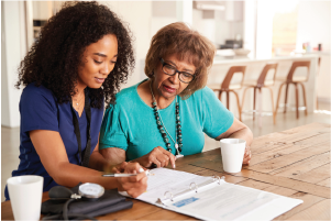 Lincoln Financial Group Long Term Care Awareness image of nurse helping a retiree with healthcare information and forms