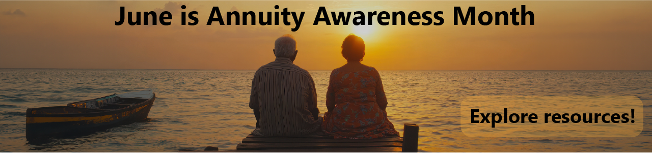 An older couple sitting on a dock looking at the sunset. A peaceful scene for Annuity Awareness Month.