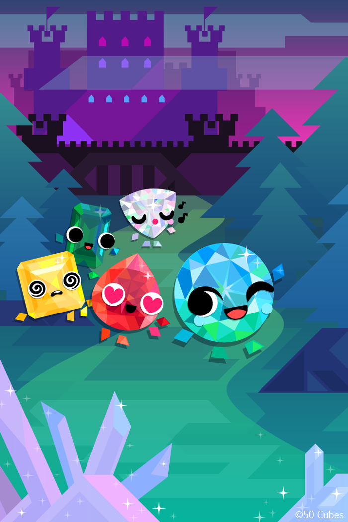 Cute gems with faces walking away from a castle into a forest