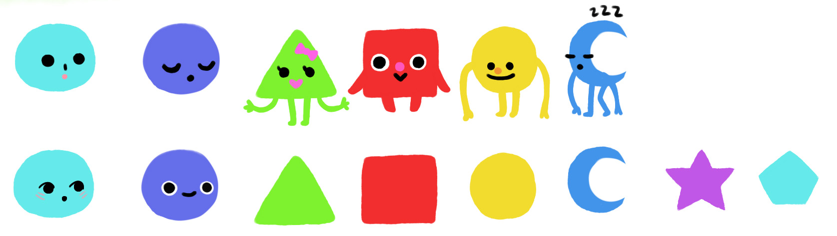 Concept sketch of colorful shapes with cutesy faces