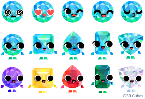 Character design sheet of gems in different colors, shapes and with faces