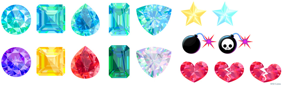 Detailed versions of the gems that were used for in game UI elements, as well as hearts, stars and bombs
