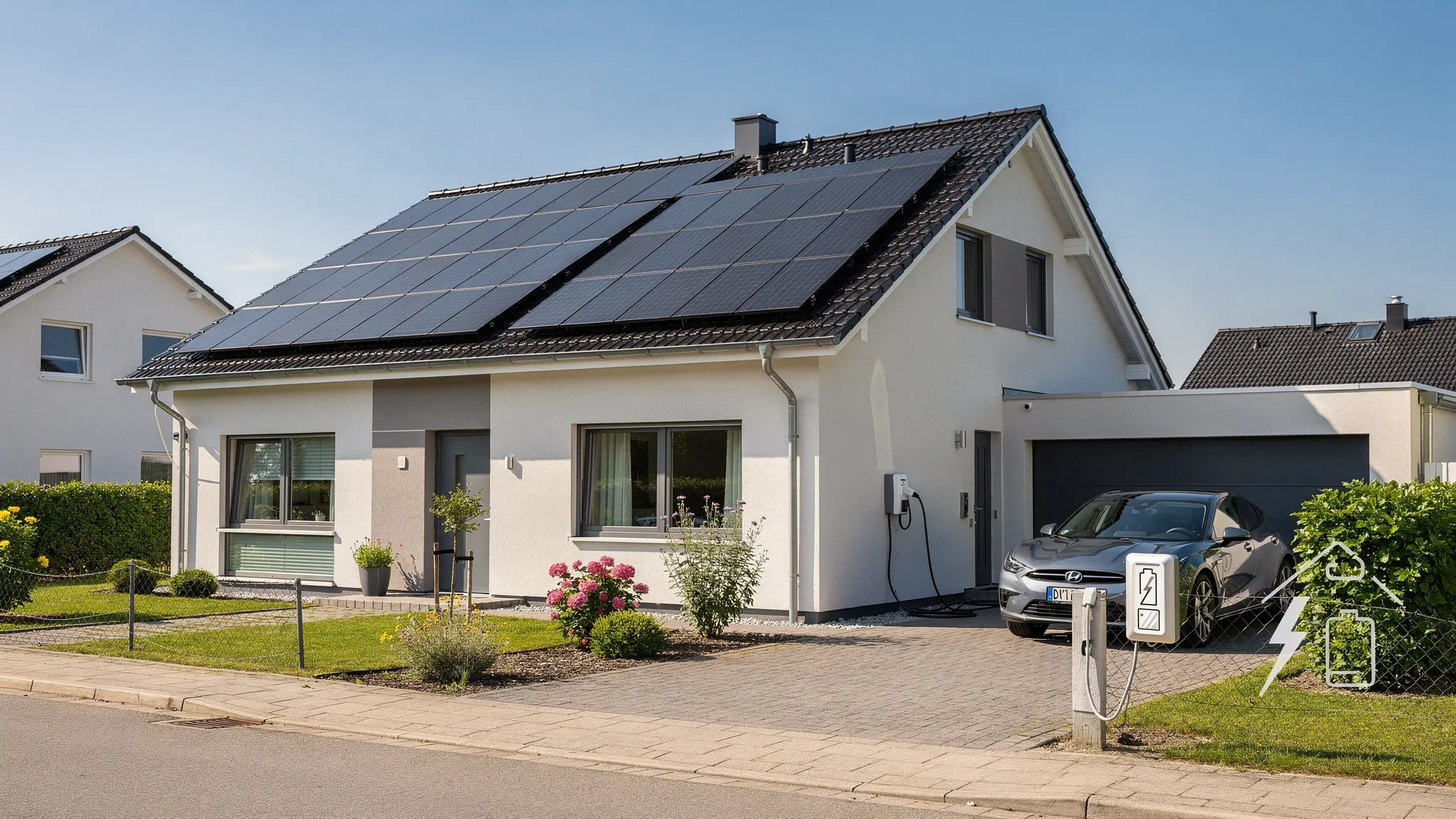 Ein Einfamilienhaus mit Photovoltaik auf dem Dach, Wallbox an der Garage und einem Symbol für Notstromversorgung, alles als übersichtliche, realistische Szene ohne Text.