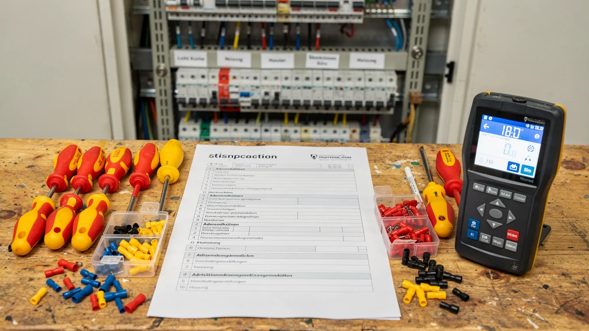 Checkliste auf Papier liegt auf einer Werkbank neben isolierten Schraubendrehern, Aderendhülsen und einem digitalen Installationstester, im Hintergrund ein geöffneter Sicherungskasten mit sauber beschrifteten Stromkreisen.