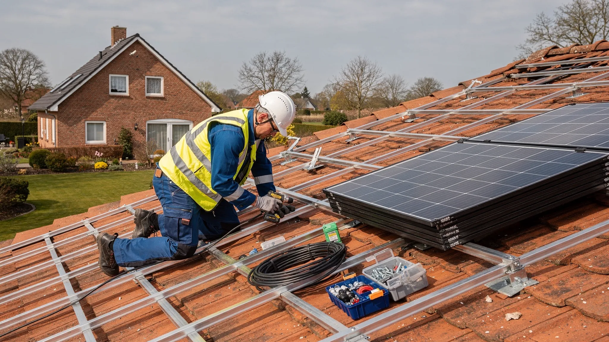 Ein Elektriker montiert eine Photovoltaik-Unterkonstruktion auf einem Ziegeldach. Daneben liegen PV-Module bereit, Kabel und Befestigungsmaterial sind ordentlich sortiert. Im Hintergrund ist ein Einfamilienhaus in norddeutscher Umgebung zu sehen.
