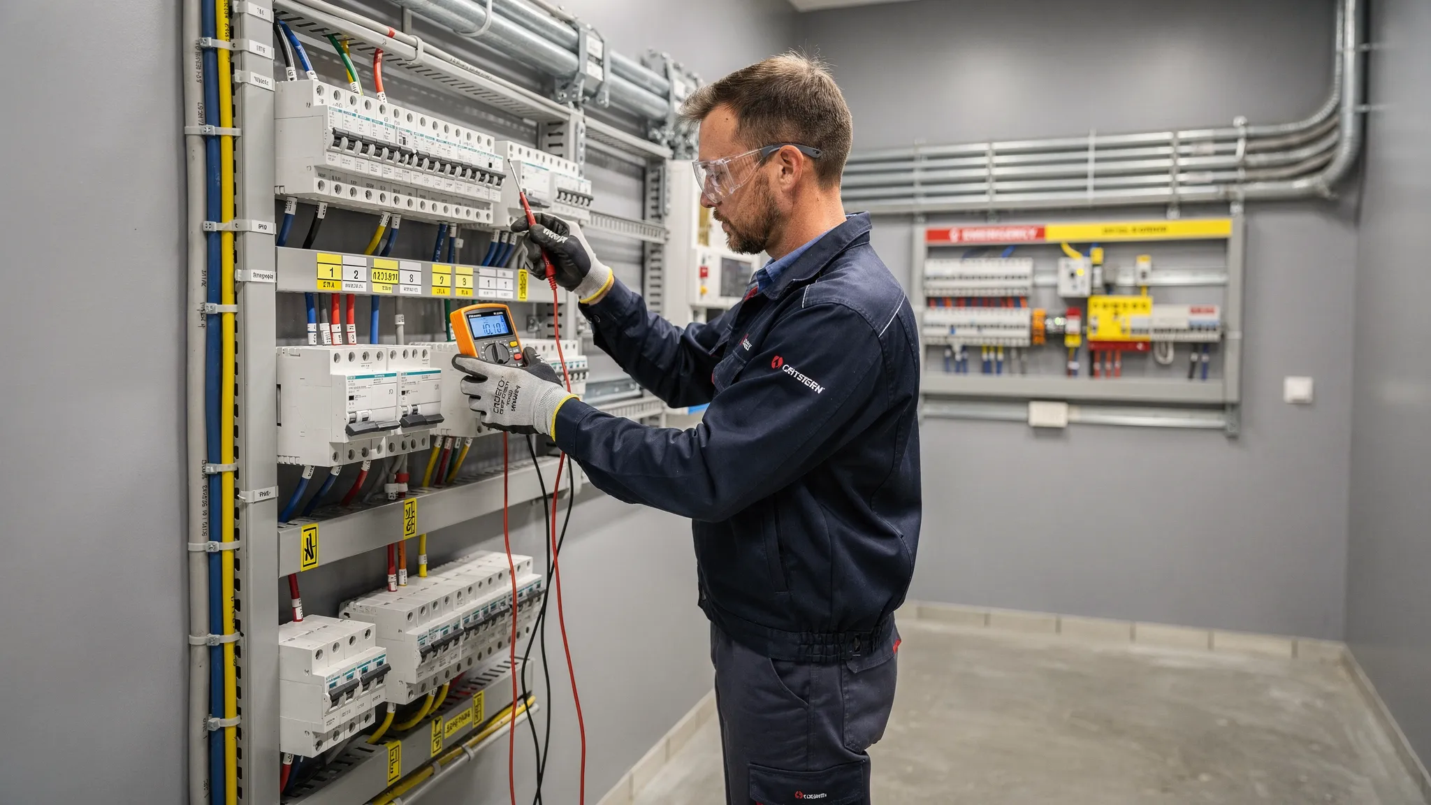 Elektriker montiert in einem Hausanschlussraum einen Netzumschalter und prüft mit Messgerät die korrekte Trennung und Versorgung der definierten Notstromkreise.