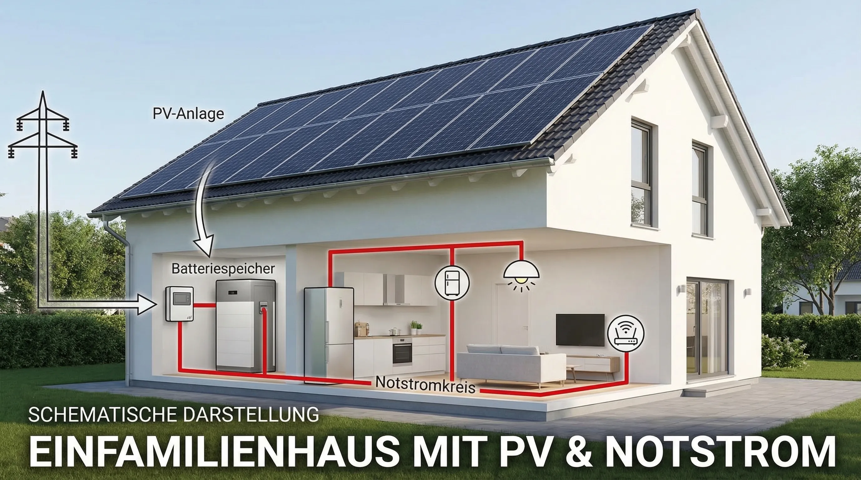 Schematische Darstellung eines Einfamilienhauses mit PV auf dem Dach, Batteriespeicher im Hauswirtschaftsraum und einem separaten Notstromkreis für ausgewählte Verbraucher wie Kühlschrank, Licht und Router.