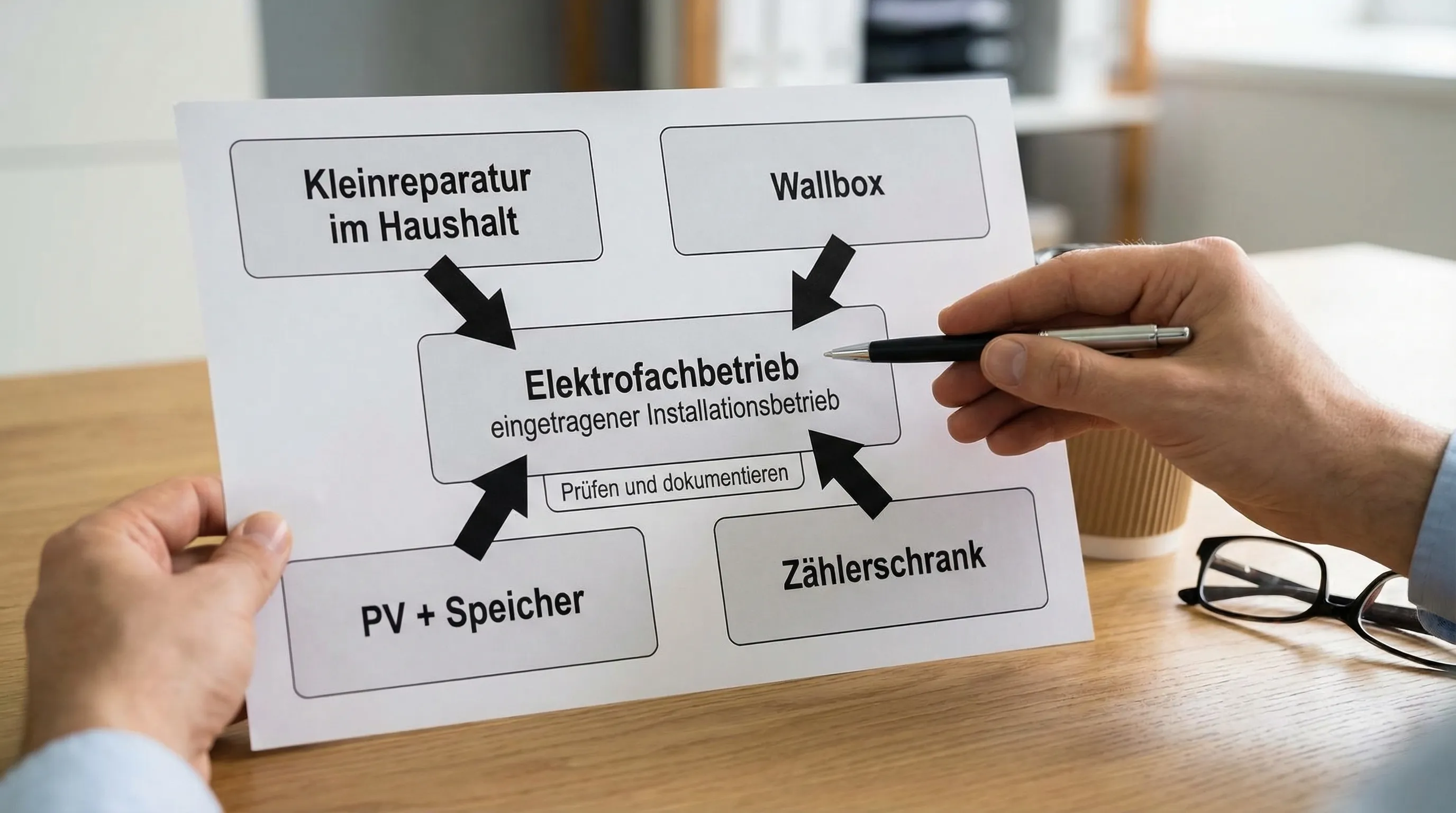 Ein einfaches Entscheidungsbild mit vier Feldern: „Kleinreparatur im Haushalt“, „Wallbox“, „PV + Speicher“, „Zählerschrank“, jeweils mit Pfeil zu „Elektrofachbetrieb“ oder „eingetragener Installationsbetrieb“ und Hinweis „Prüfen und dokumentieren“.