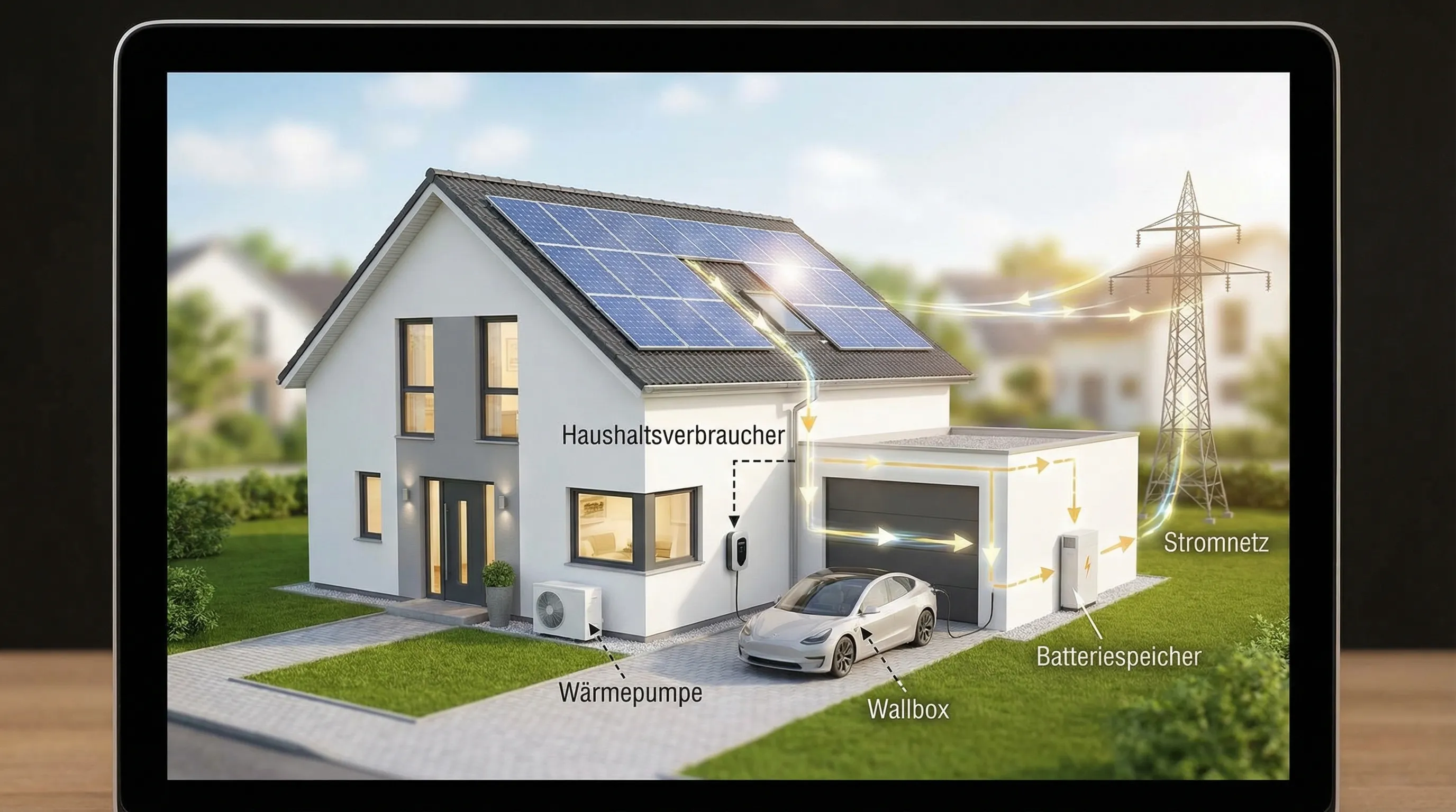 Schematische Darstellung eines Einfamilienhauses mit PV-Anlage: Solarstrom fließt zuerst zu Haushaltsverbrauchern, dann in einen Batteriespeicher, Überschuss ins Stromnetz, zusätzlich optional Wallbox und Wärmepumpe als steuerbare Verbraucher.