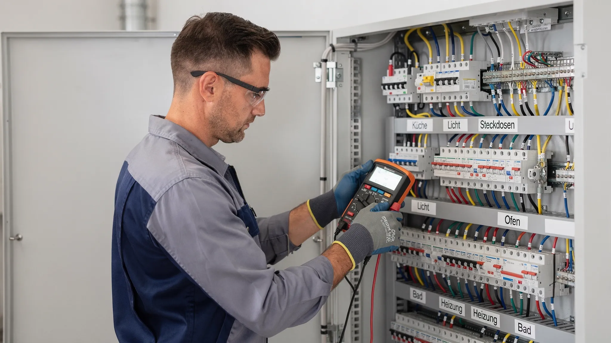 Ein Elektriker prüft in einem modernen Zählerschrank die Schutzschalter und misst elektrische Werte mit einem Messgerät, saubere Beschriftungen und ordentliche Leitungsführung sind sichtbar.