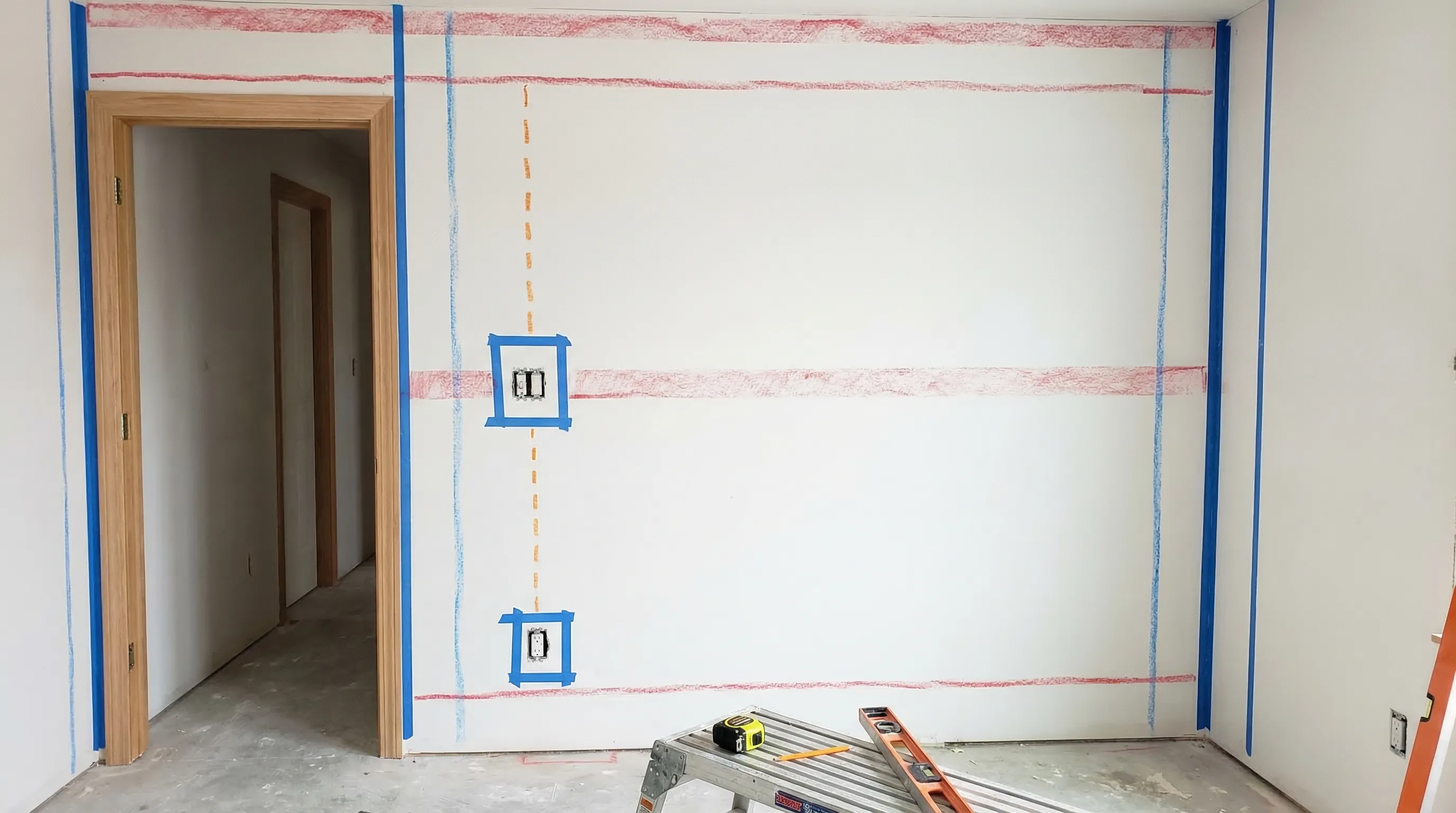 Illustration einer Innenwand mit markierten Installationszonen: horizontale Zonen nahe Decke und Boden, eine mittlere Zone auf Schalterhöhe und vertikale Zonen an Türrahmen und Raumecken. Zusätzlich sind Beispiele für senkrechte Leitungsführung von Steckdose zu Schalter gezeigt.