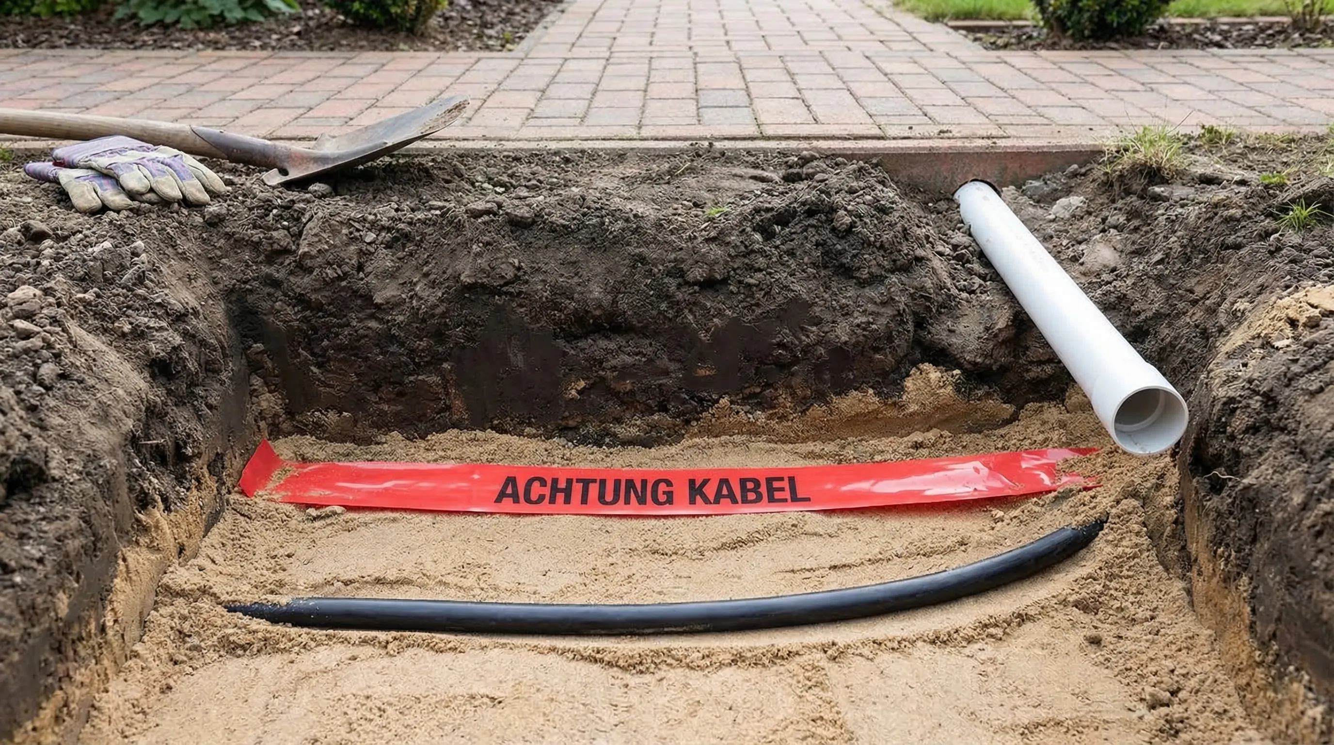 Querschnitt eines Erdgrabens im Garten: unten Sandbett, darin ein schwarzes Erdkabel, darüber Sandabdeckung, dann ein rotes Warnband „Achtung Kabel“, oben verdichteter Boden. Daneben ist ein Schutzrohr für eine Querung unter einer Pflasterfläche eingezeichnet.