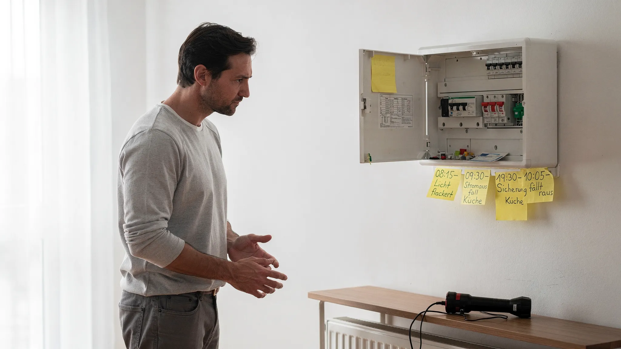 Eine Person steht mit sicherem Abstand vor einem geöffneten Sicherungskasten in einer Wohnung, die Hände nicht im Kasten. Daneben liegen Notizzettel mit Uhrzeit und Symptomen, im Hintergrund eine Taschenlampe.