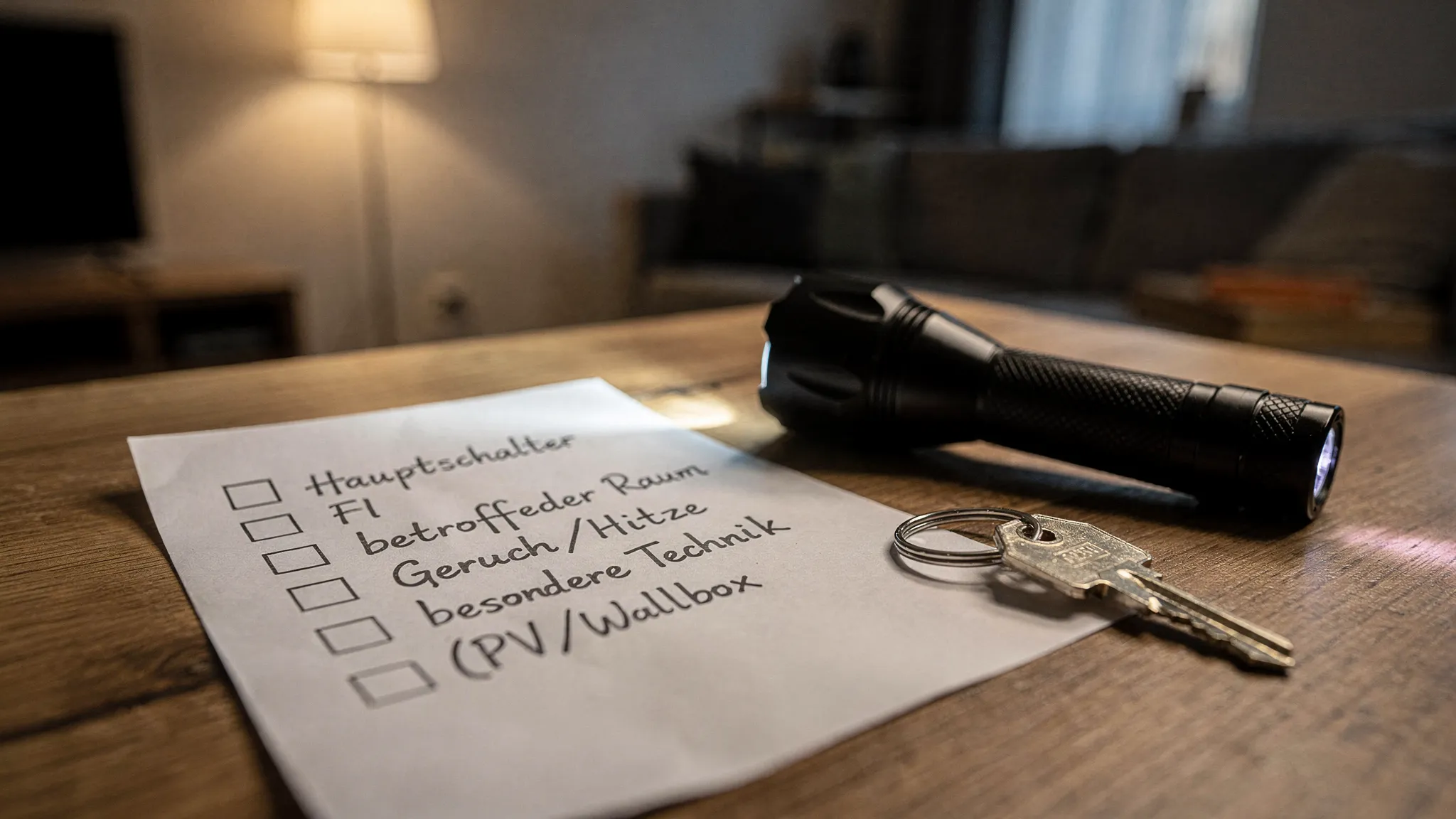 Eine kurze Checkliste auf Papier liegt neben einer Taschenlampe und einem Hausschlüssel: „Hauptschalter, FI, betroffener Raum, Geruch/Hitze, besondere Technik (PV/Wallbox)“. Im Hintergrund ist eine Wohnung bei gedimmtem Licht zu sehen.
