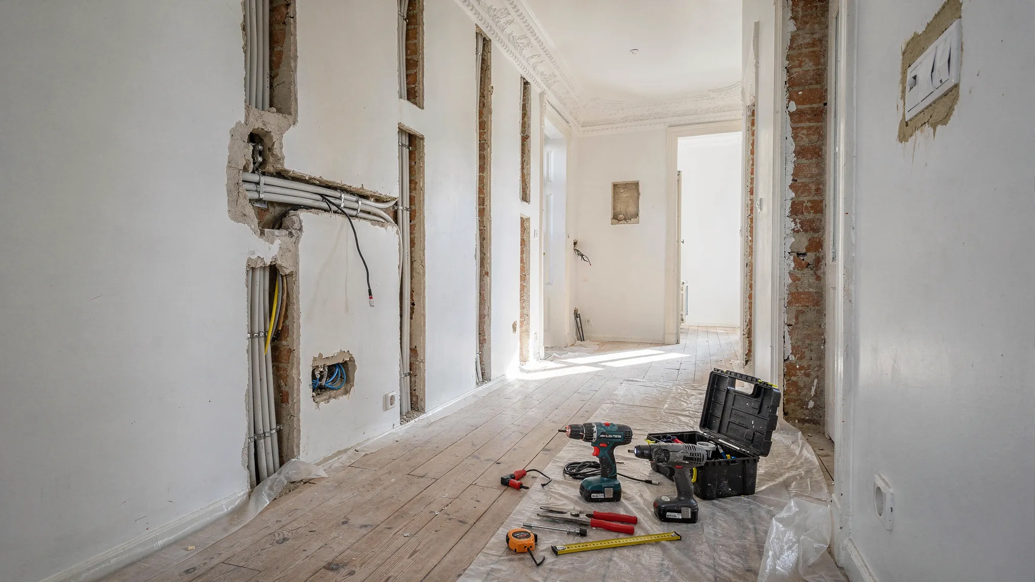 Renovierter Altbau-Flur mit geöffneten Wandschlitzen und neu verlegten Elektroleitungen in Installationszonen, daneben Werkzeug und Staubschutzfolie.
