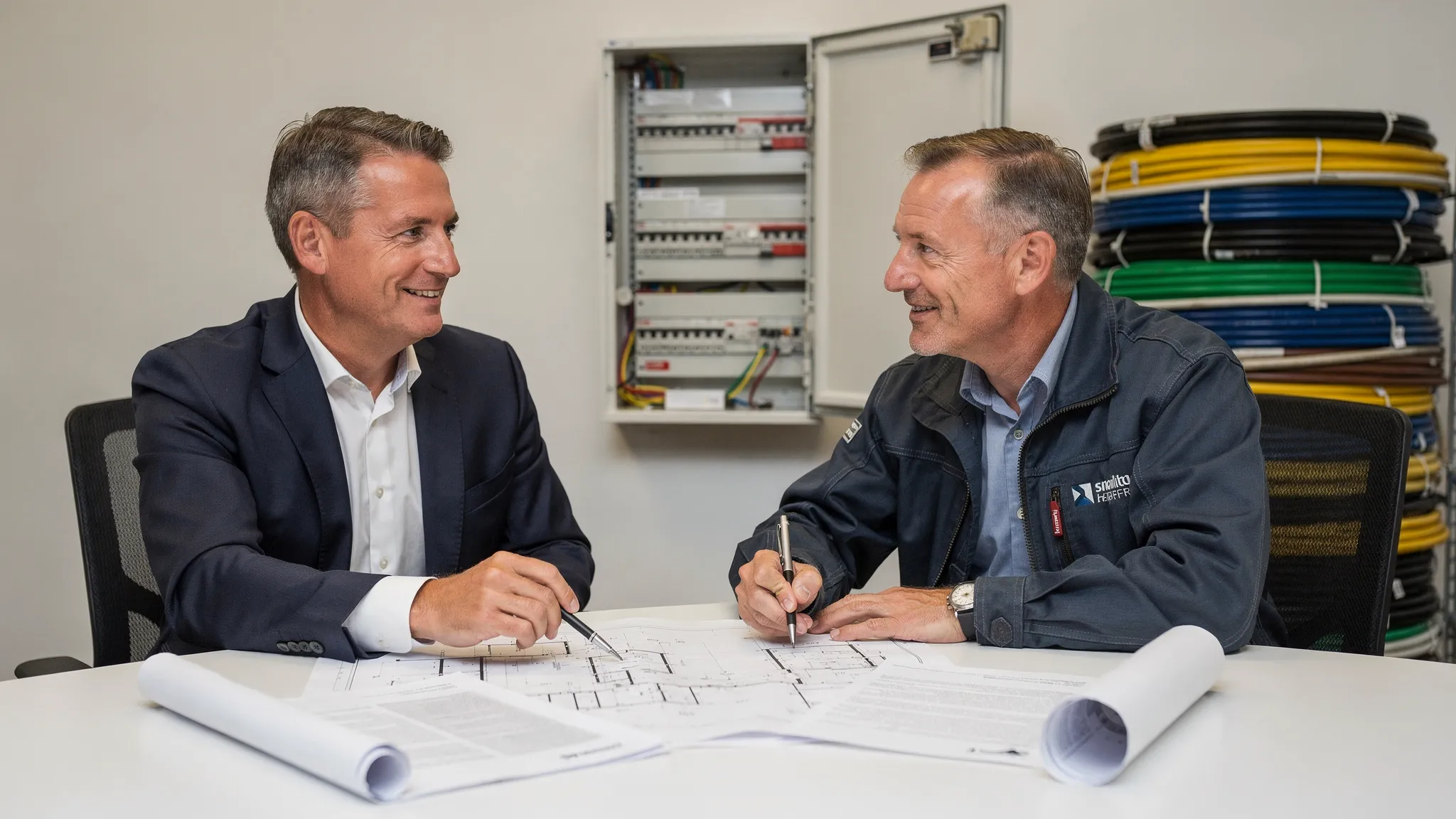 Ein Bauherr und eine Elektrofachkraft sitzen an einem Tisch mit Bauplänen, einem Angebot und einem Vertrag; im Hintergrund sind ein Zählerschrank und Kabelmaterial zu sehen.