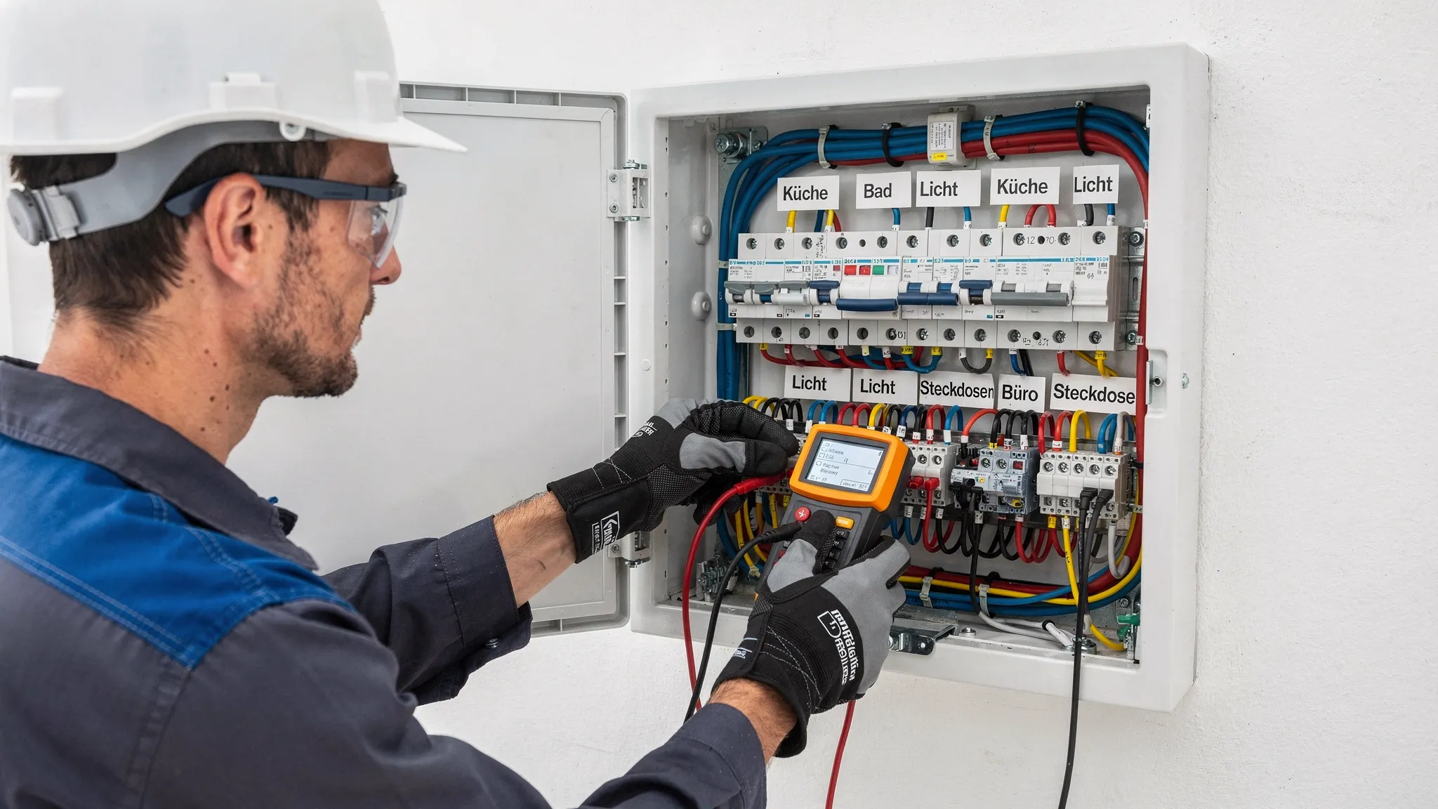 Ein Elektriker misst mit einem Installationstester im geöffneten Verteilerkasten; Messleitungen sind korrekt angeschlossen, Beschriftungen der Stromkreise sind gut lesbar.