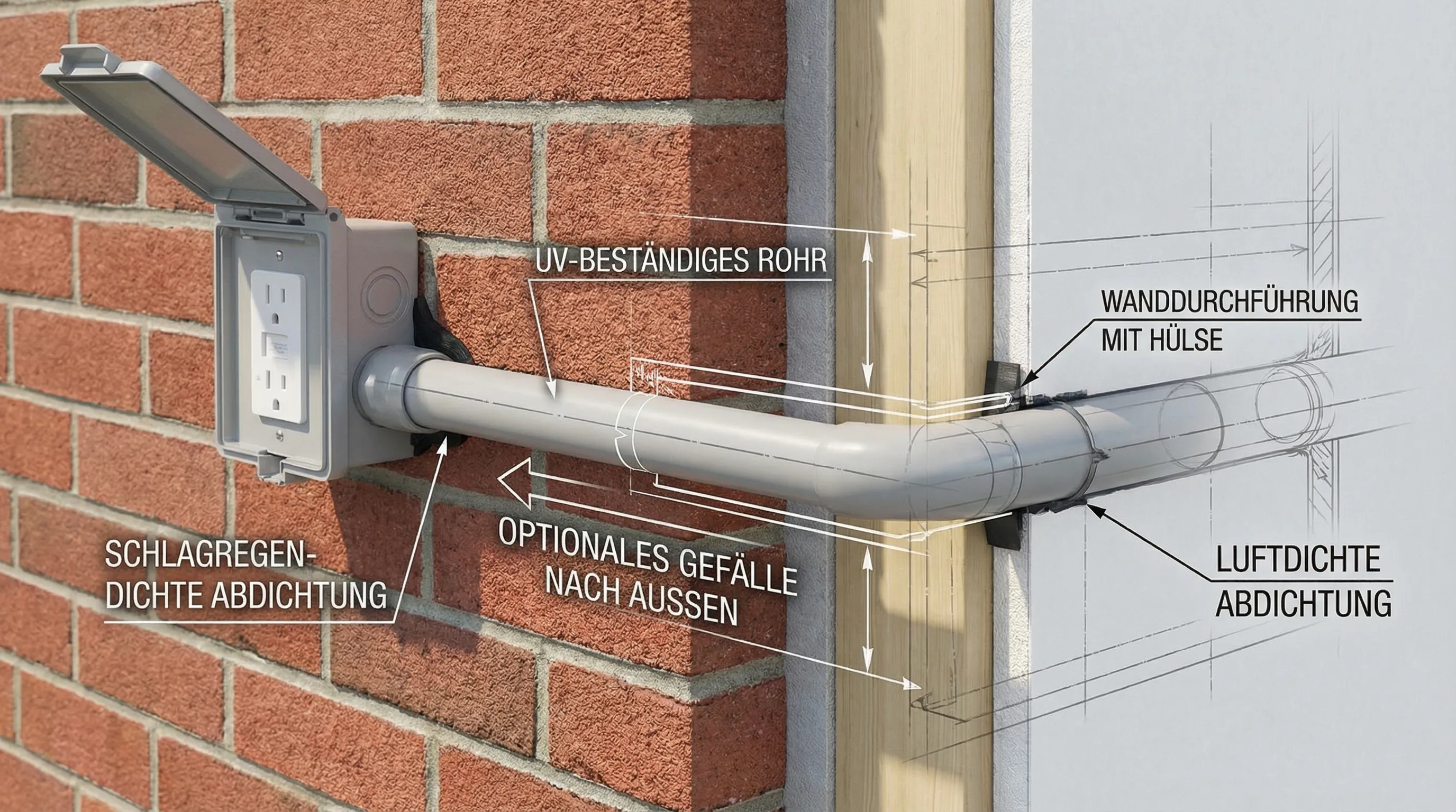 Schematische Darstellung einer Außenwand-Durchführung: Außensteckdose, Leitung im UV-beständigen Rohr, Wanddurchführung mit Hülse, außen schlagregendichte Abdichtung, innen luftdichte Abdichtung und optionales Gefälle nach außen.