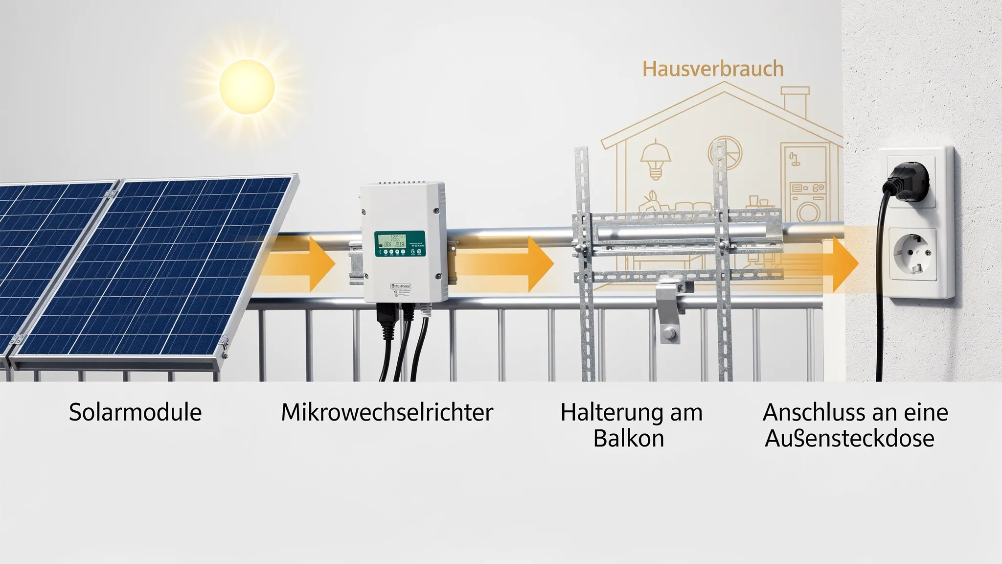 Eine einfache Übersichtsgrafik mit vier Elementen: Solarmodule, Mikrowechselrichter, Halterung am Balkon, Anschluss an eine Außensteckdose. Pfeile zeigen den Energiefluss von Sonne zu Hausverbrauch.