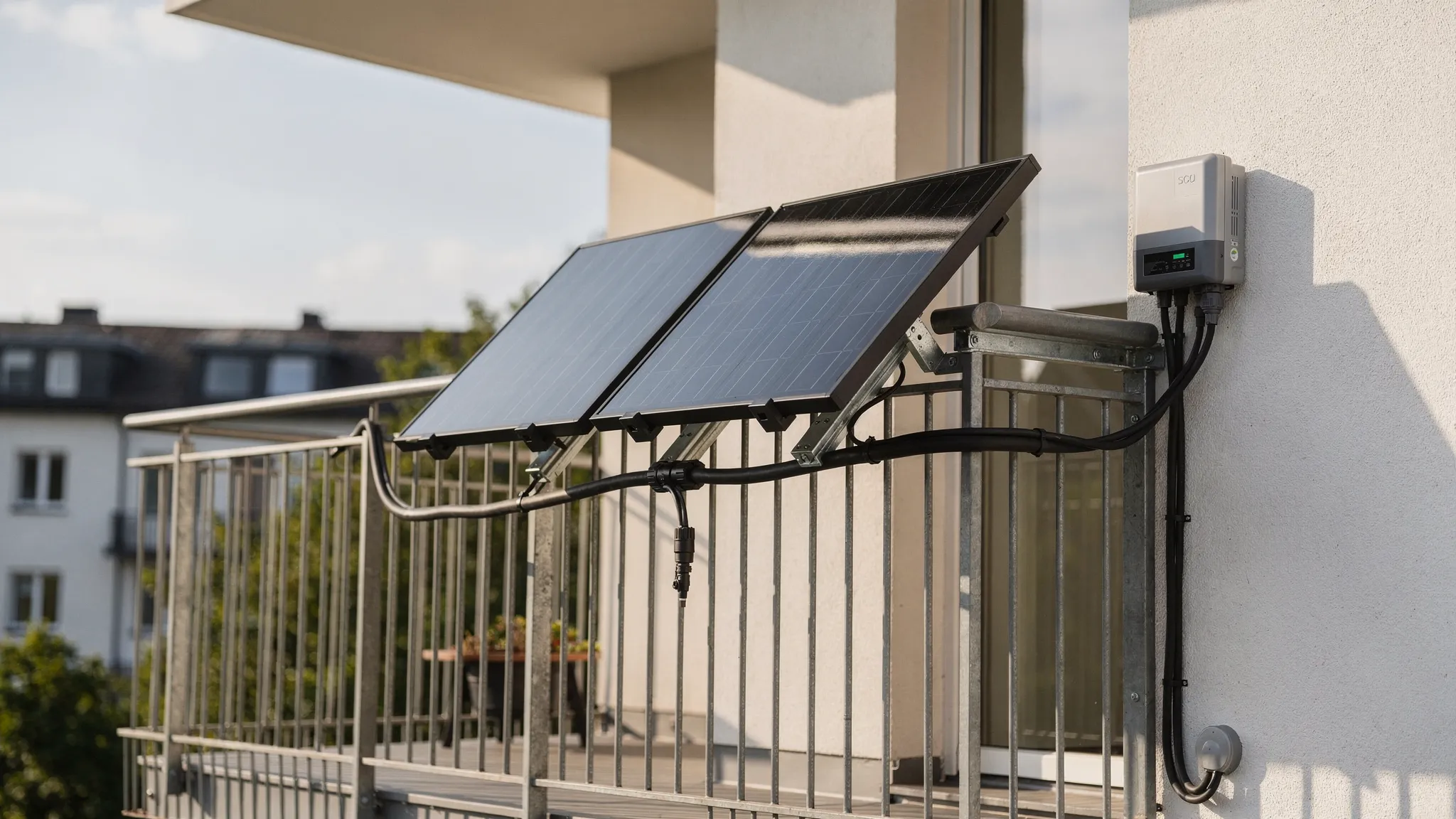Ein Balkon mit zwei Solarmodulen, sicher montiert an einer stabilen Halterung am Geländer. Kabel sind UV-beständig geführt, mit Tropfschleife und wetterfesten Steckverbindern, der Wechselrichter ist geschützt montiert.