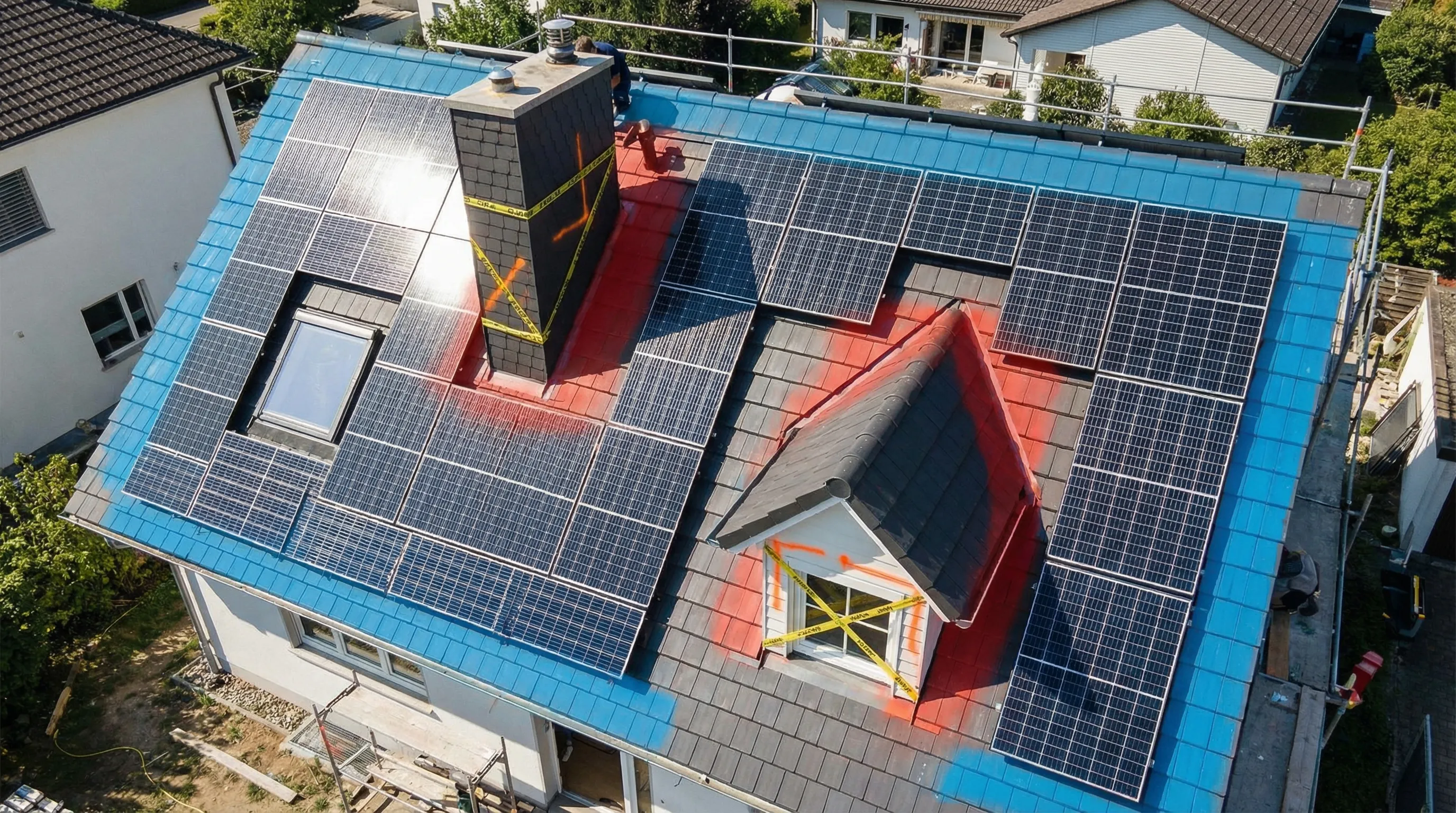 Illustration eines Hausdachs mit markierten Hindernissen wie Kamin, Dachfenster und Gaube. Auf den freien Dachflächen sind PV-Module im Raster angeordnet, Randabstände und eine schattige Zone sind farblich gekennzeichnet.