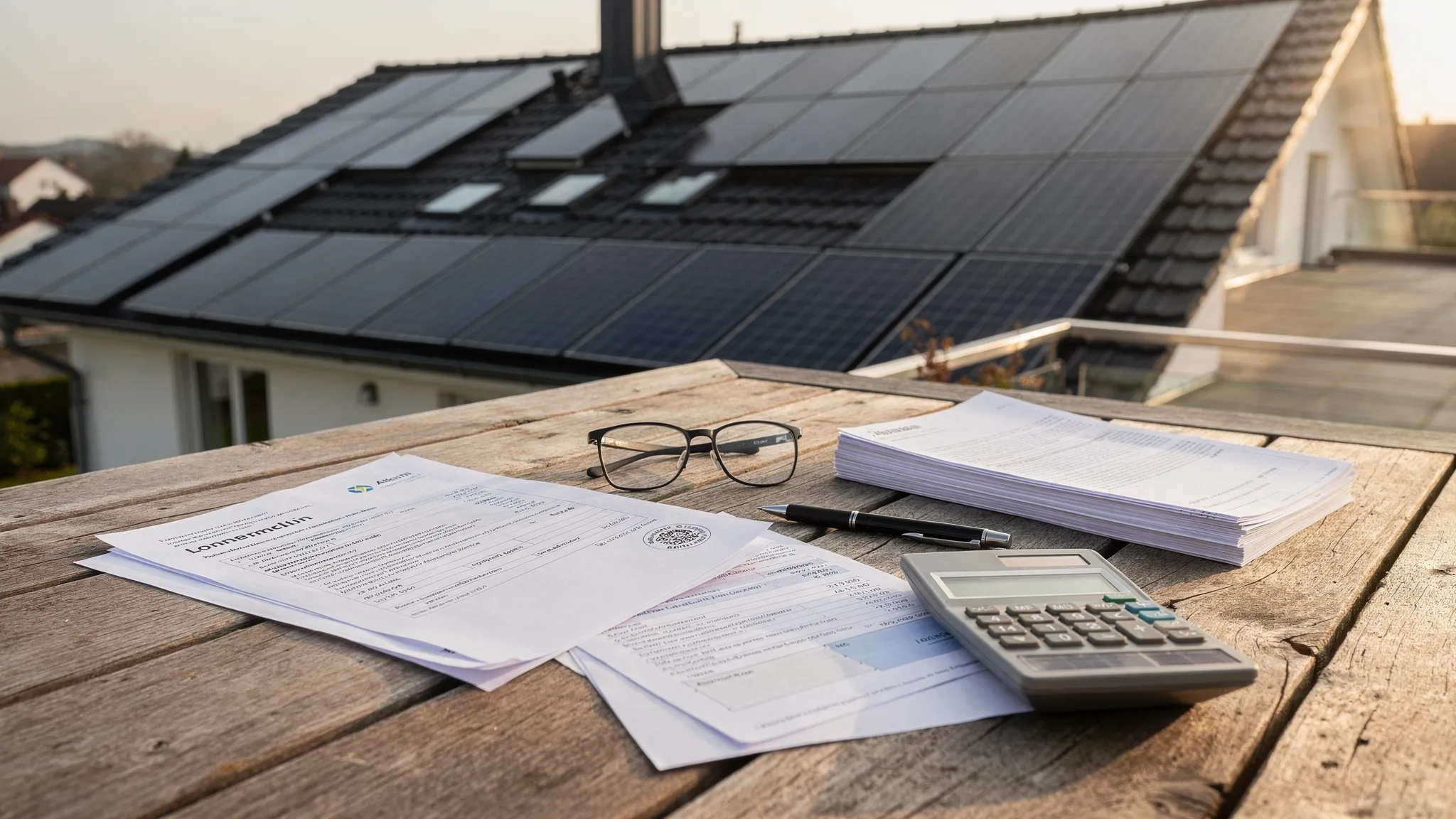 Ein Einfamilienhausdach mit installierten Solarmodulen, daneben auf einem Tisch Finanzunterlagen wie Kreditangebot, Taschenrechner und Stromrechnung, realistische Alltagsszene ohne sichtbare Markennamen.