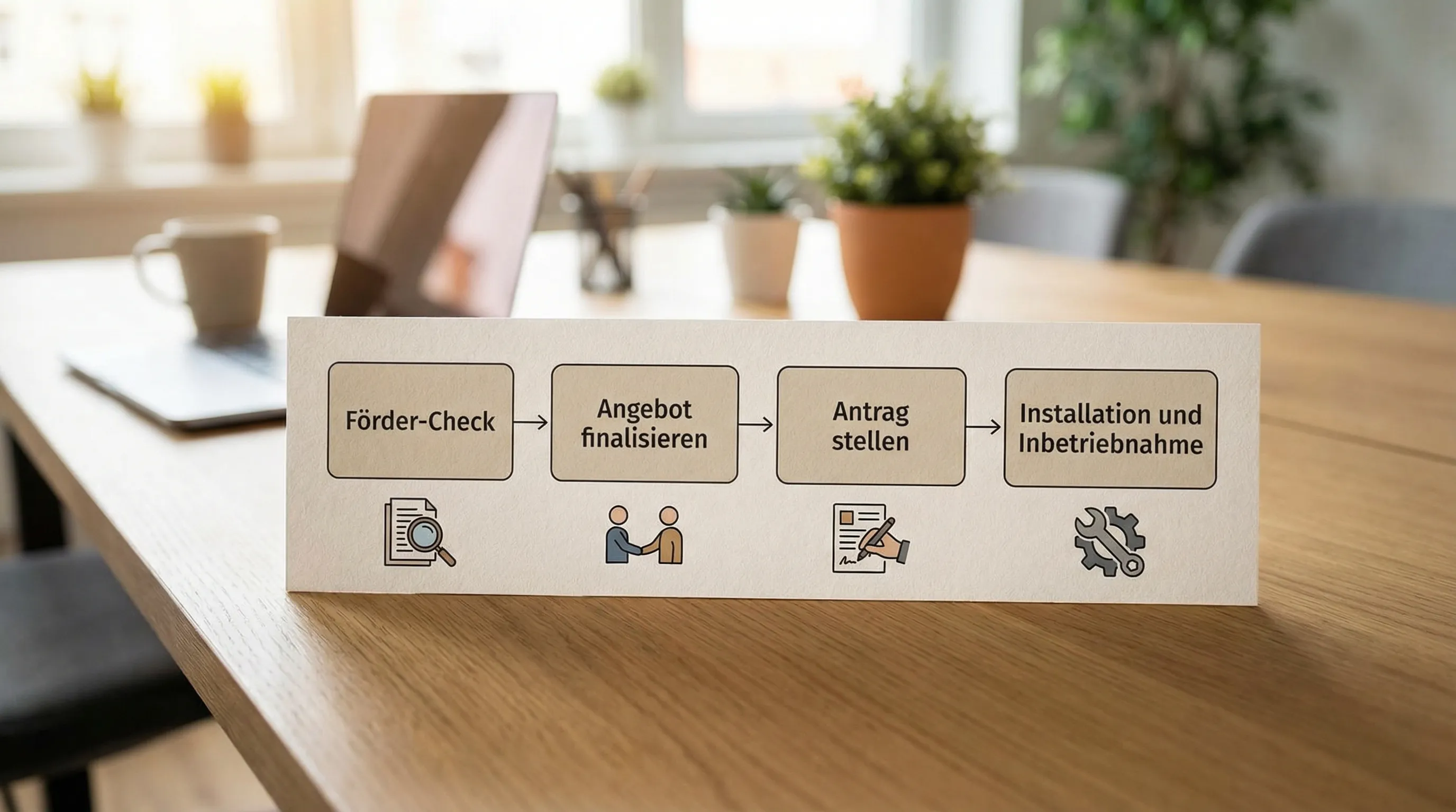 Ein einfacher Prozess-Flow mit vier Schritten: Förder-Check, Angebot finalisieren, Antrag stellen, Installation und Inbetriebnahme.