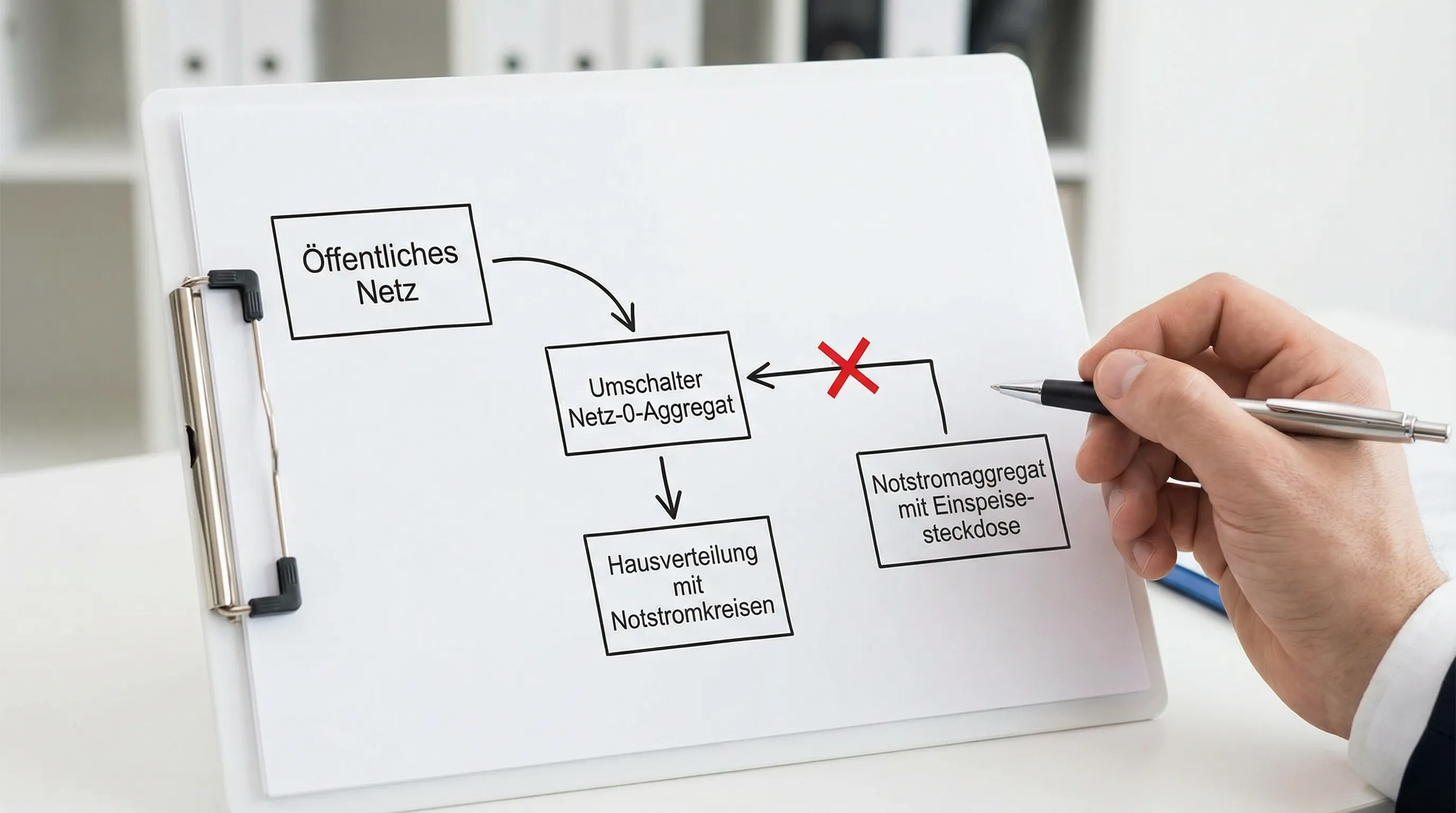 Ein einfaches Schema mit vier Elementen: öffentliches Netz, Umschalter Netz-0-Aggregat, Hausverteilung mit Notstromkreisen, Notstromaggregat mit Einspeisesteckdose. Pfeile zeigen, dass Netz und Aggregat nie gleichzeitig verbunden sind.