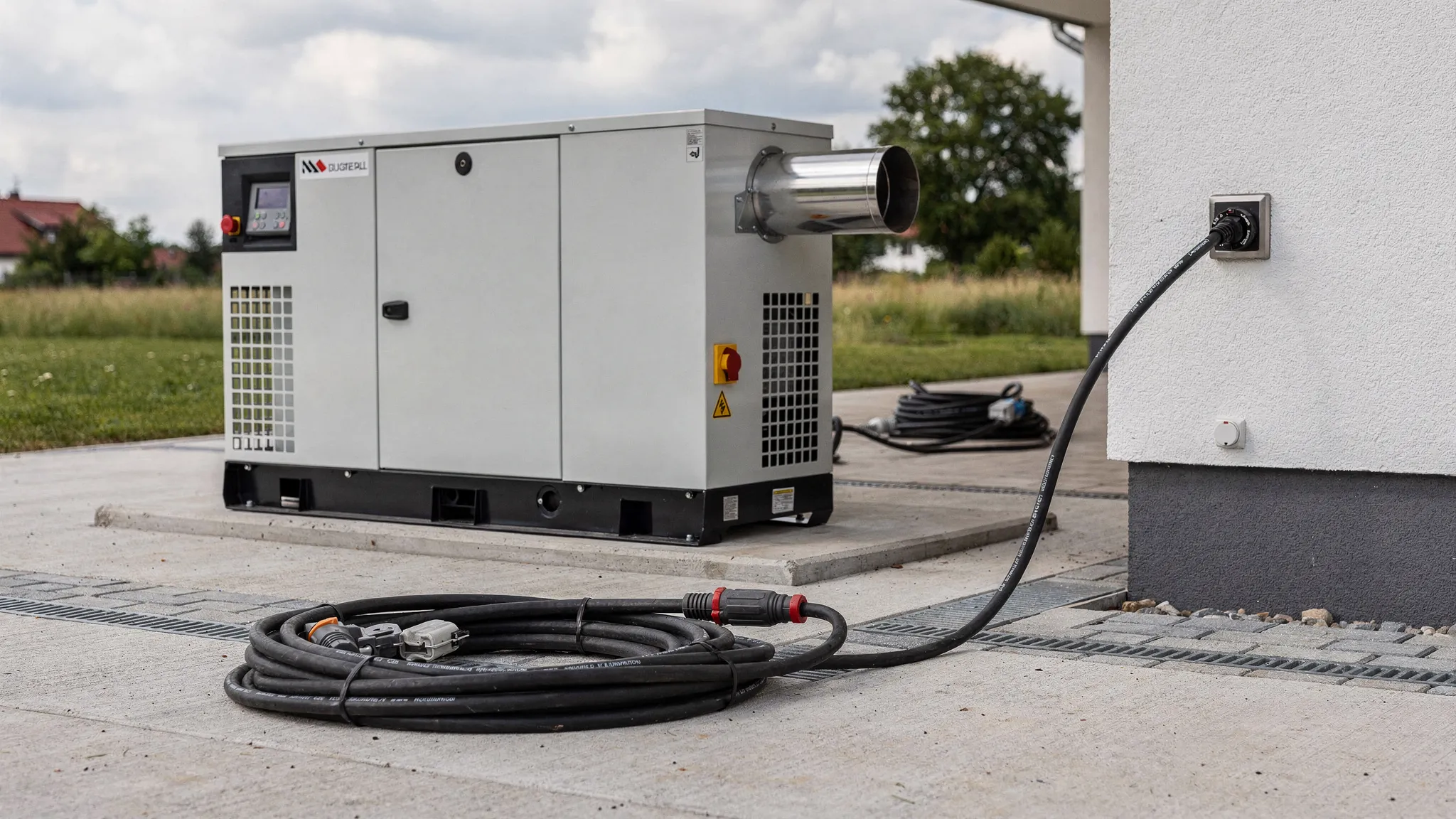 Ein Notstromaggregat steht im Freien auf festem, ebenem Untergrund mit ausreichendem Abstand zur Hauswand. Das Abgas zeigt weg vom Gebäude, daneben liegt ein wettergeschütztes Anschlusskabel zur Einspeisesteckdose.