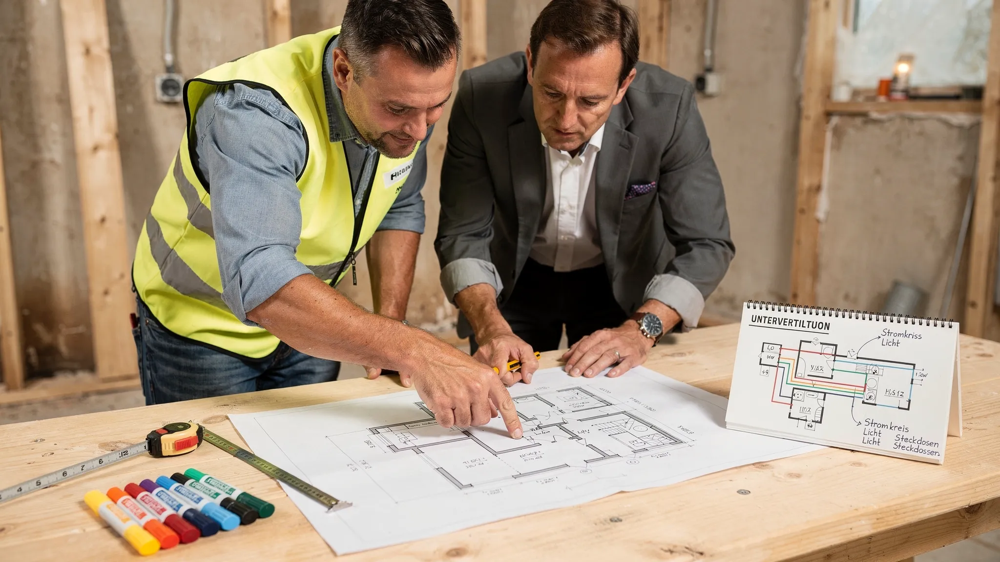 Elektrofachkraft und Bauherr betrachten einen Grundriss auf Papier am Bautisch, daneben liegen Markierstifte, ein Maßband und ein kleiner Unterverteilerskizzenblock.
