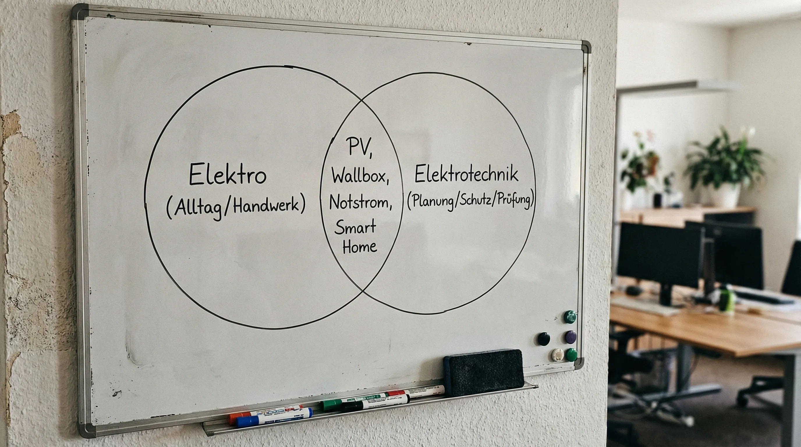 Ein einfaches Schaubild mit zwei Kreisen: links „Elektro (Alltag/Handwerk)“, rechts „Elektrotechnik (Planung/Schutz/Prüfung)“, in der Schnittmenge „PV, Wallbox, Notstrom, Smart Home“.
