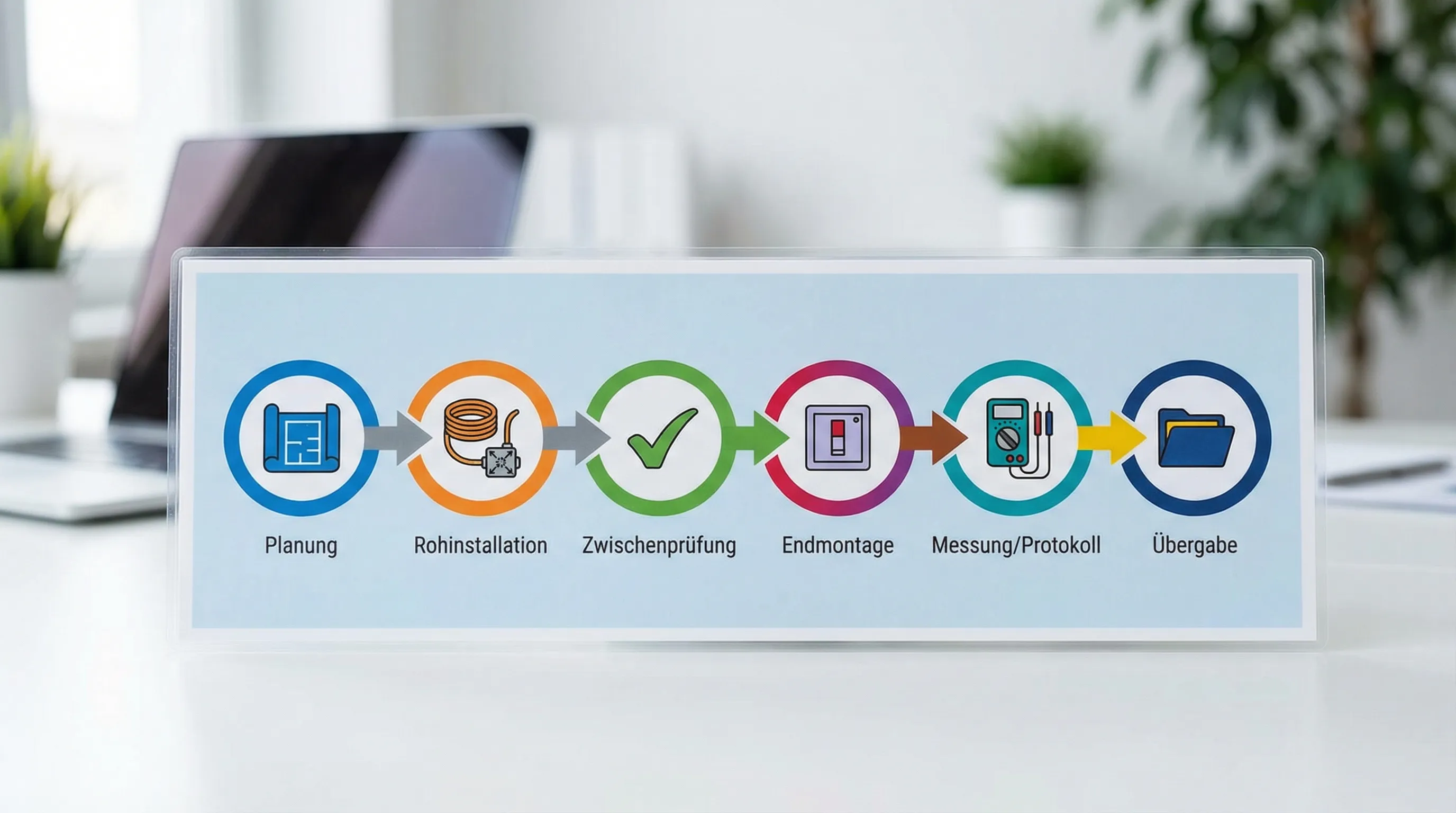 Einfache Timeline-Grafik mit sechs Stationen: Planung, Rohinstallation, Zwischenprüfung, Endmontage, Messung/Protokoll, Übergabe. Jede Station hat ein kleines Icon (Plan, Kabel, Check, Schalter, Messgerät, Ordner).