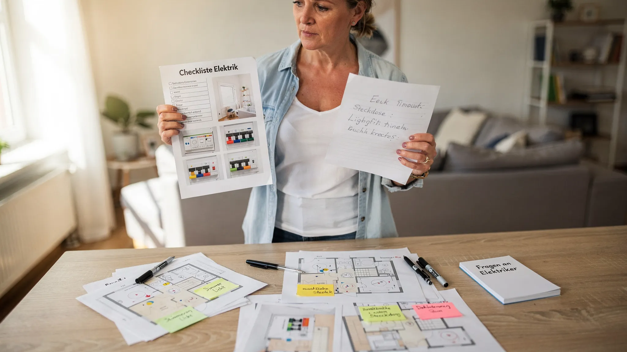 Eine Hausbesitzerin hält eine Checkliste und Fotos vom Sicherungskasten in der Hand und bereitet Unterlagen für einen Elektriker-Termin vor. Auf einem Tisch liegen Grundrissausdrucke und Notizen zu Steckdosen- und Lichtpunkten.