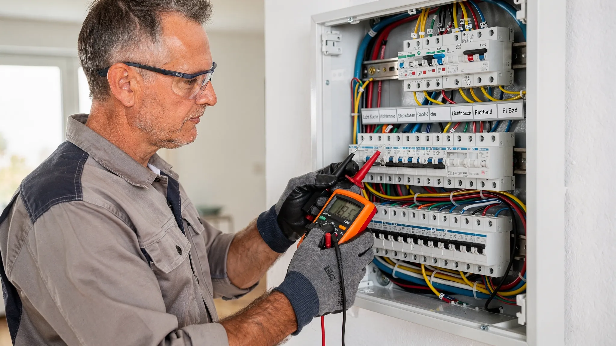 Ein Elektriker prüft in einem geöffneten Sicherungs- und Verteilerkasten mit einem Messgerät die Installation. Sichtbar sind sauber beschriftete Leitungsschutzschalter, FI-Schalter und ordentlich geführte Verdrahtung in einer Hausverteilung.