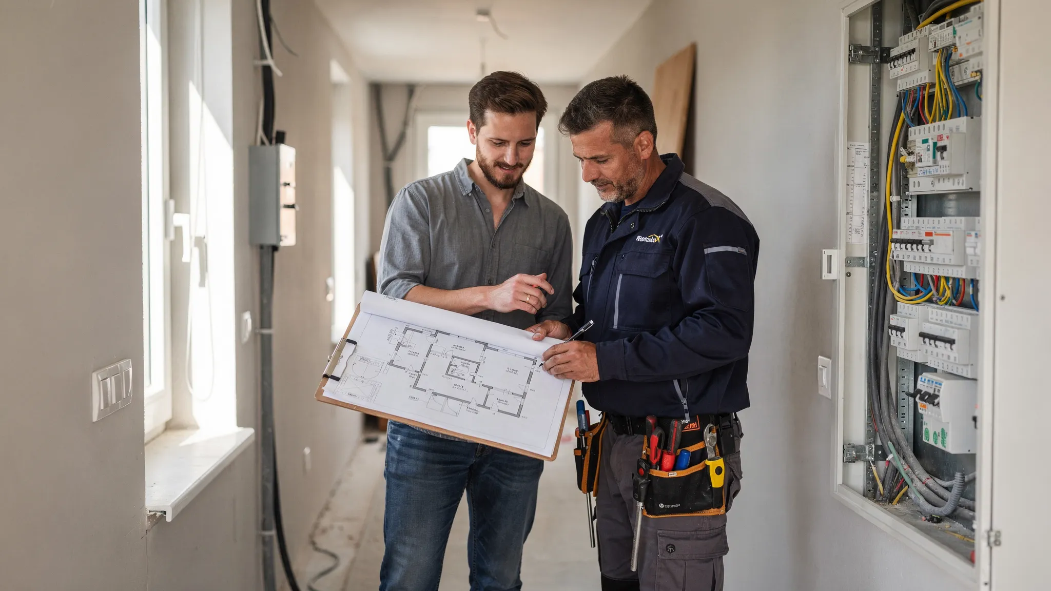 Ein Hauseigentümer bespricht mit einer Elektrofachkraft vor Ort die geplanten Steckdosen, Leuchten und den Zählerschrank. Beide schauen auf einen Grundriss auf einem Klemmbrett, im Hintergrund ist ein Hausflur mit geöffnetem Sicherungskasten zu sehen.