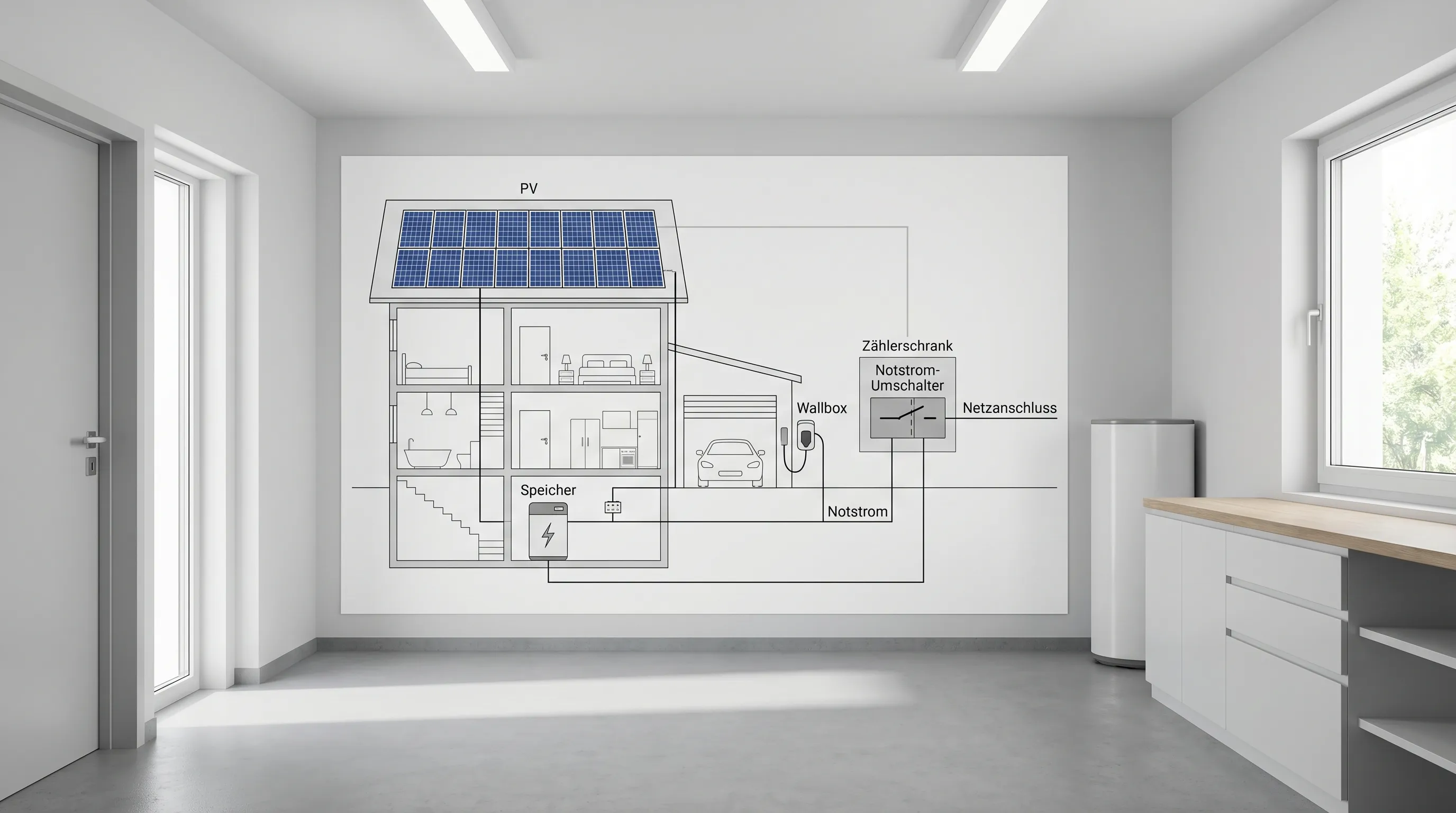 Schematische Darstellung eines Einfamilienhauses mit PV auf dem Dach, Batteriespeicher im Hauswirtschaftsraum, Wallbox in der Garage und separatem Notstrom-Umschalter am Zählerschrank. Die Leitungswege sind vereinfacht dargestellt, mit klaren Labels für PV, Speicher, Wallbox, Notstrom und Netzanschluss.