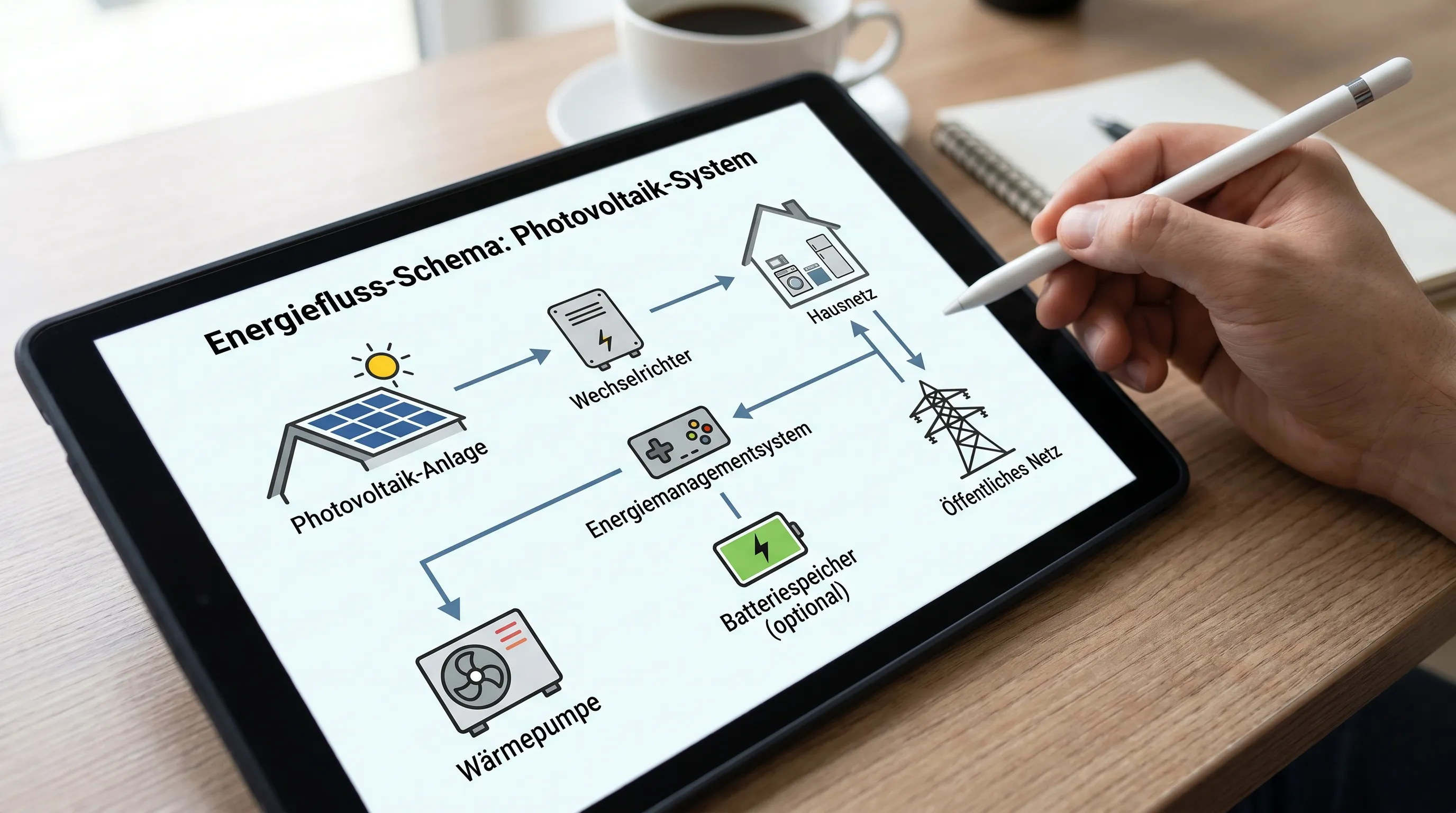 Schematische Darstellung: Photovoltaik-Anlage speist über Wechselrichter in Hausnetz, ein Energiemanagementsystem steuert Wärmepumpe und optional Batteriespeicher, zusätzlich ist das öffentliche Netz angebunden.