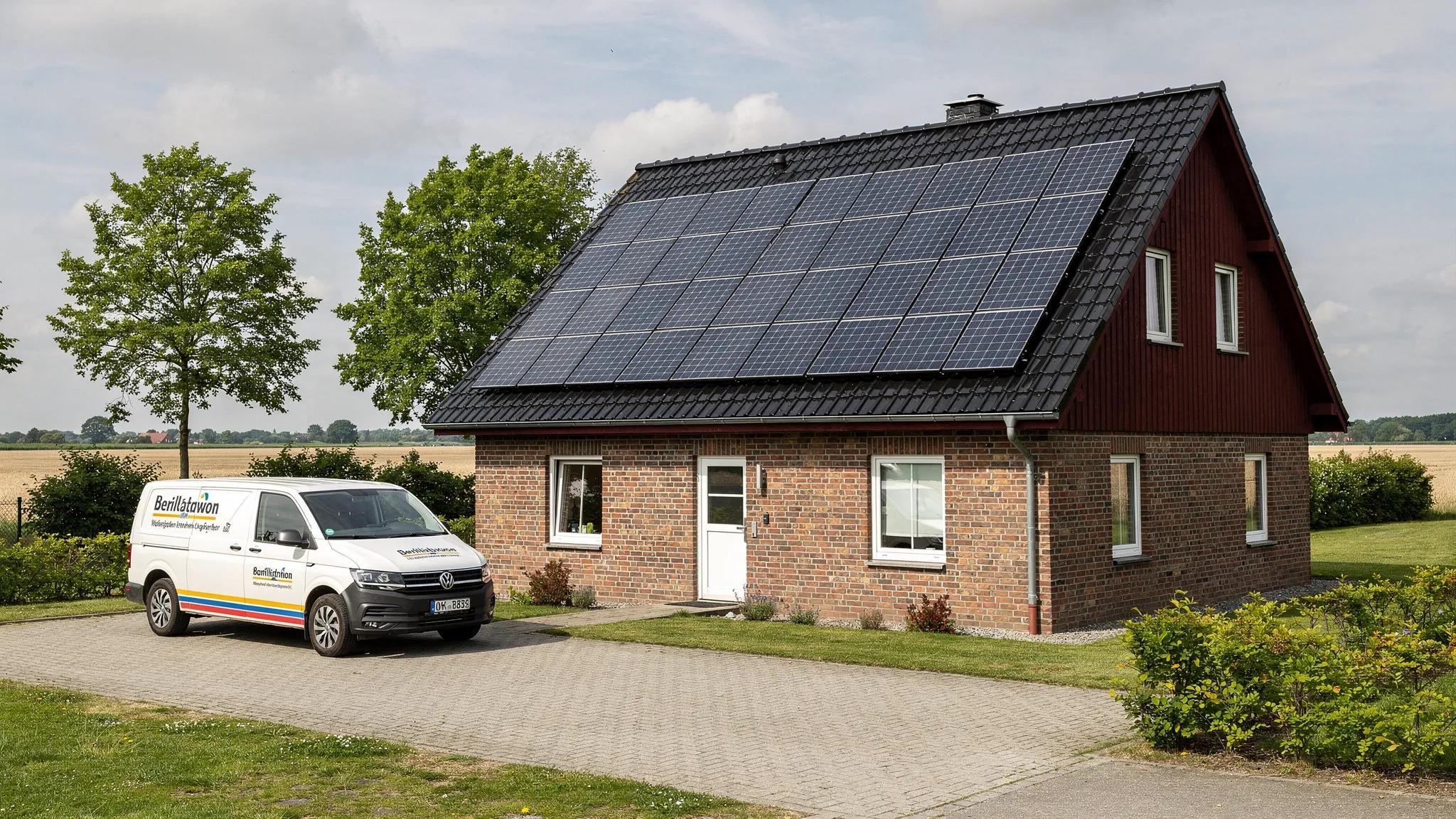 Ein Einfamilienhaus in Norddeutschland mit Photovoltaik auf dem Satteldach, daneben ein regionaler Handwerkswagen auf der Einfahrt, im Hintergrund Bäume und flaches Land.