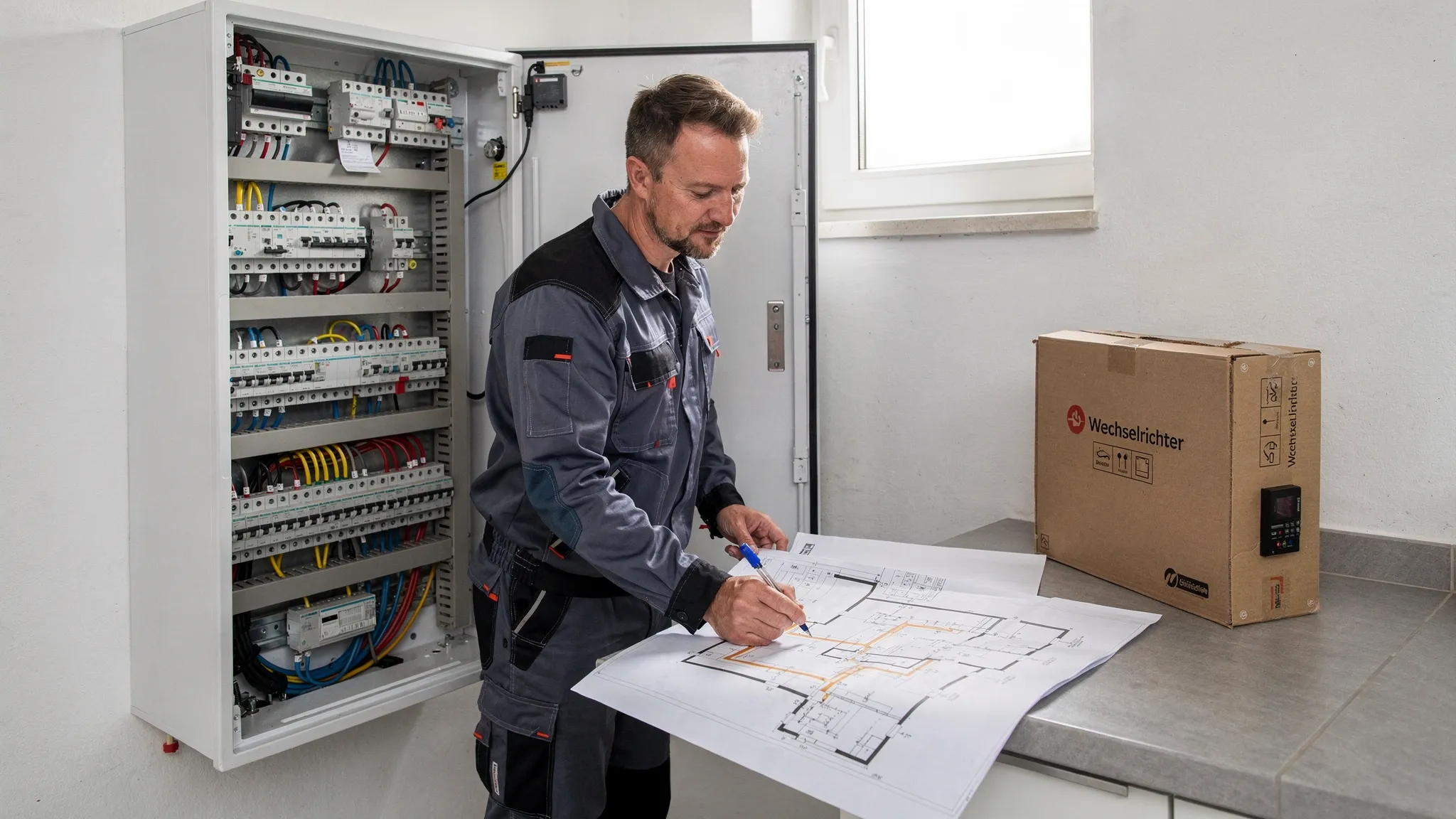 Ein Elektriker prüft im Hauswirtschaftsraum den Zählerschrank und markiert Kabelwege auf einem ausgedruckten Grundriss, daneben steht ein Wechselrichterkarton, alles wirkt ordentlich und realistisch.