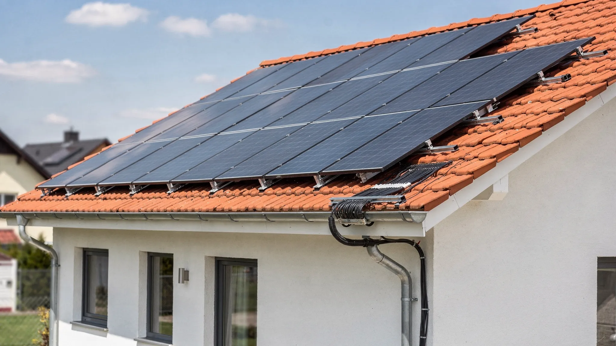 Ein Einfamilienhaus mit geneigtem Ziegeldach, auf dem eine Photovoltaikanlage installiert ist; sichtbar sind Montageschienen, Modulreihen und ein sauber geführter Kabelauslass in Richtung Dachrand.