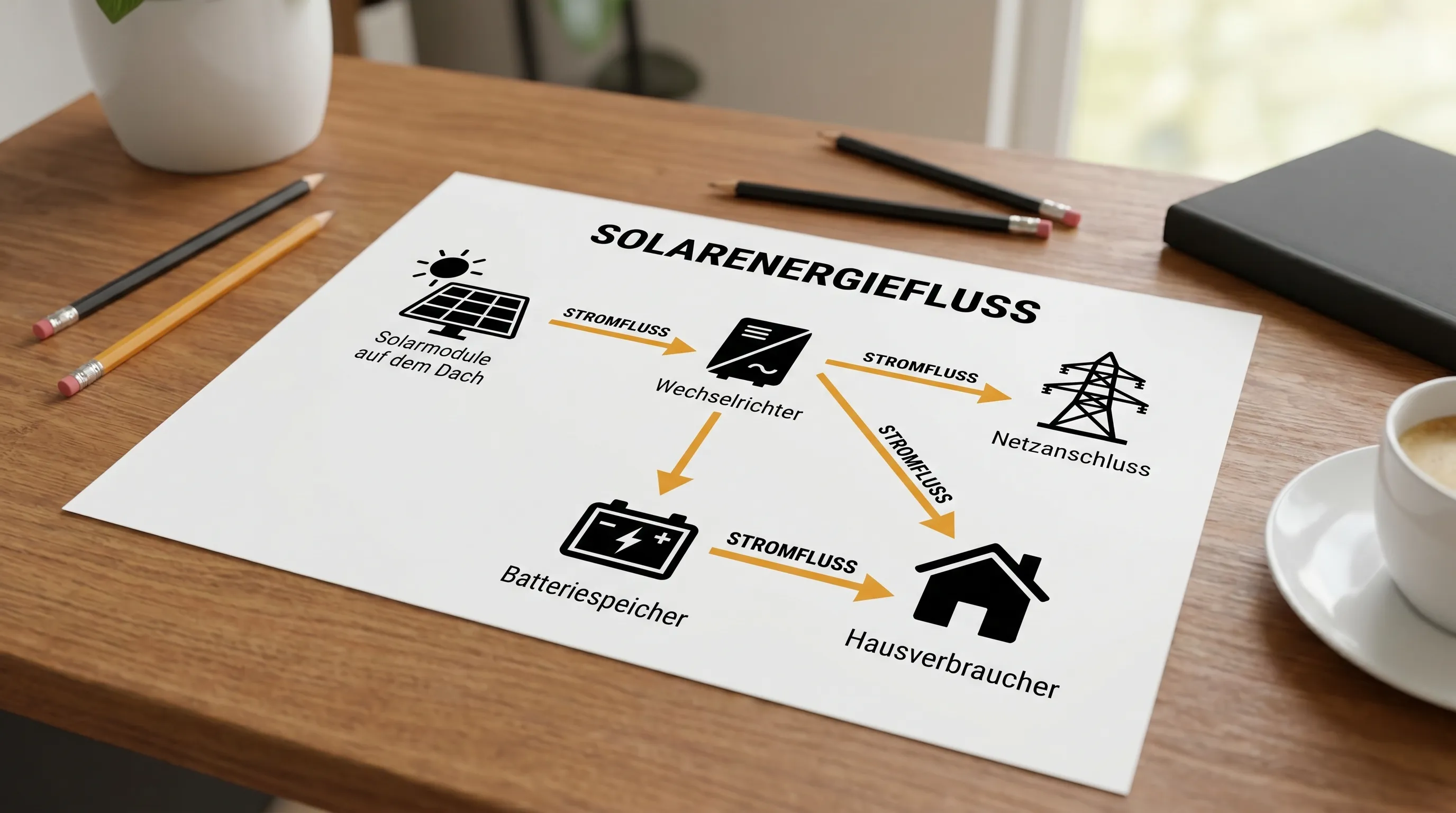 Ein einfaches Schema mit vier Elementen: Solarmodule auf dem Dach, Wechselrichter, Batteriespeicher und Hausverbraucher, verbunden durch Pfeile für Stromfluss und mit Netzanschluss als zusätzlicher Pfeil.