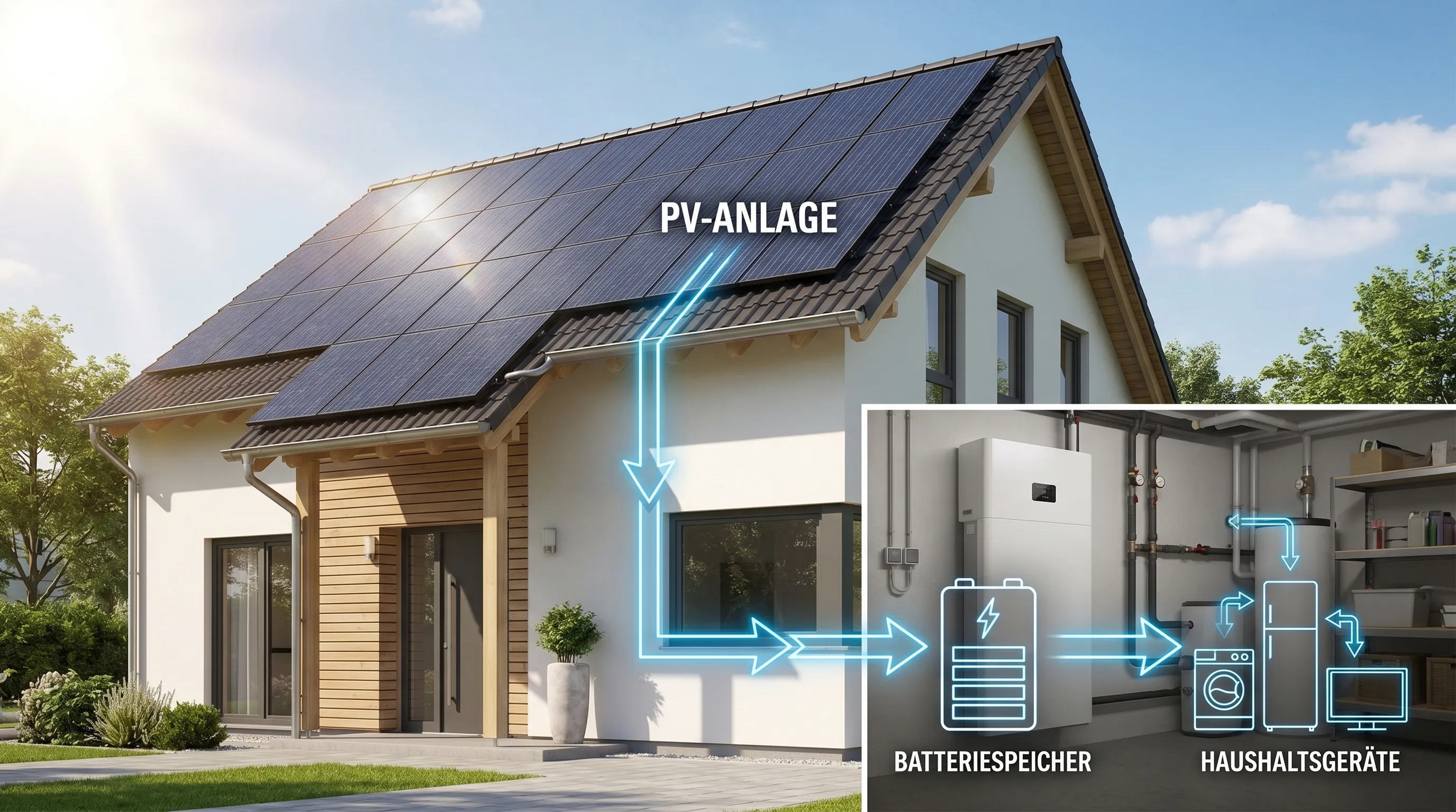Einfamilienhaus mit Photovoltaik auf dem Dach und einem Batteriespeicher an der Innenwand im Hauswirtschaftsraum, dazu ein Stromfluss-Pfeil vom Dach zum Speicher und weiter zu Haushaltsgeräten.