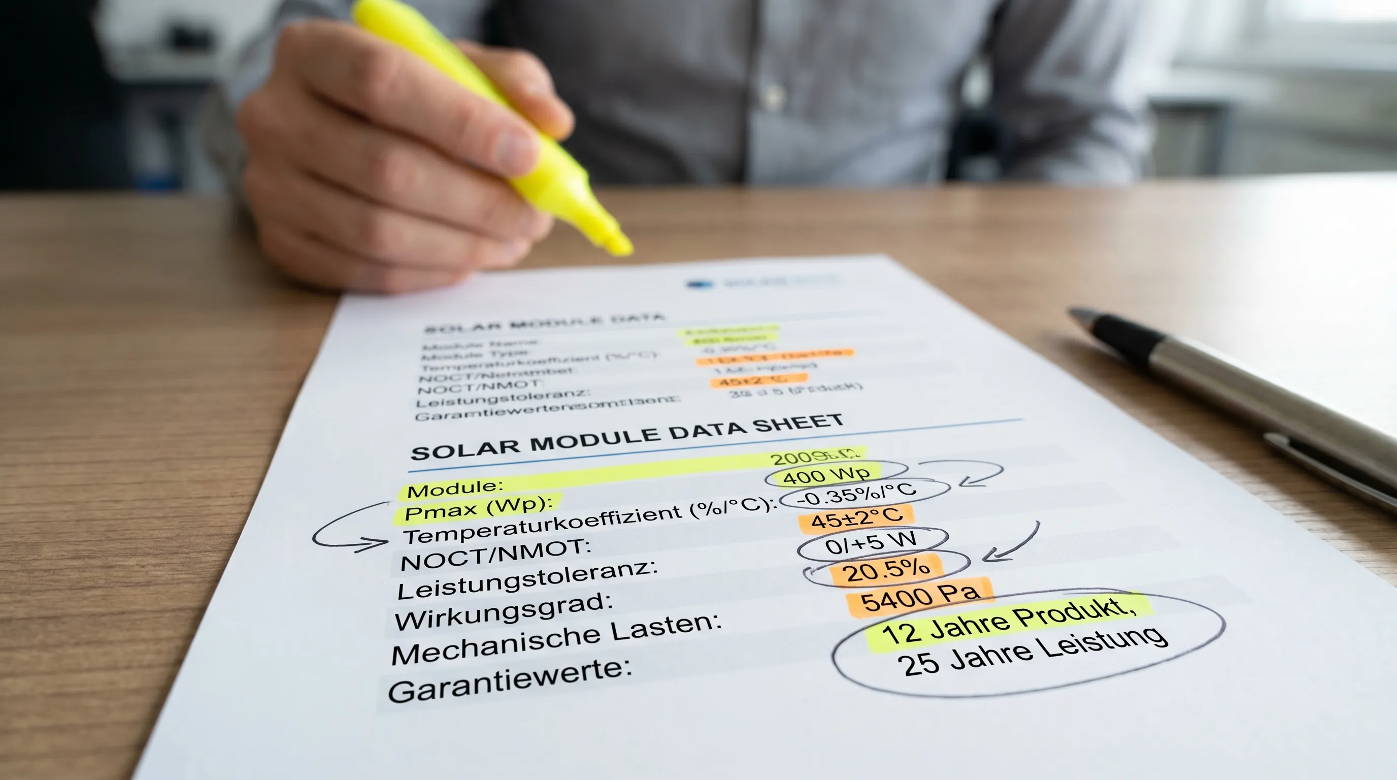 Illustration eines Solarmodul-Datenblatts mit markierten Kennwerten: Pmax (Wp), Temperaturkoeffizient (%/°C), NOCT/NMOT, Leistungstoleranz, Wirkungsgrad, mechanische Lasten und Garantiewerte.