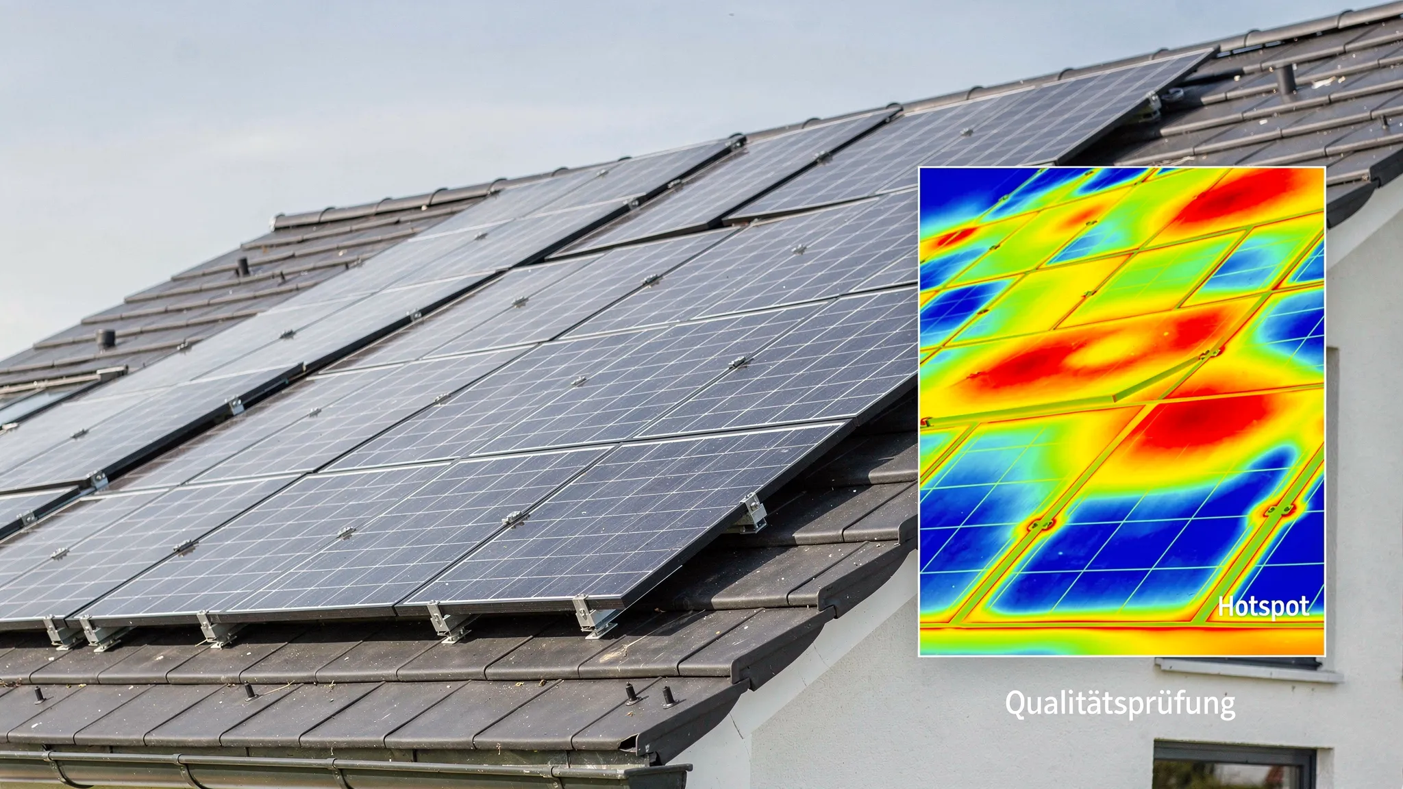 Hausdach mit installierter Photovoltaikanlage bei Tageslicht, daneben ein symbolisches Wärmebild-Ausschnitt mit markierten Hotspot-Bereichen zur Qualitätsprüfung.