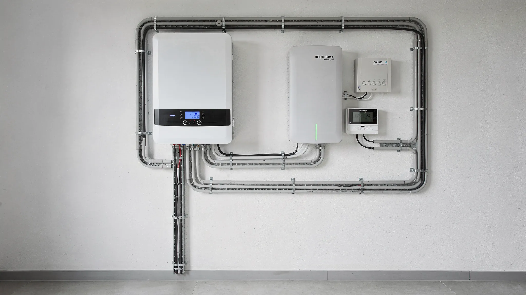 Technikraum eines Einfamilienhauses mit sauber montiertem Hybridwechselrichter, Batteriespeicher, Energiezähler und übersichtlich verlegten Kabelkanälen, alles in einem ordentlichen Installationsfeld.